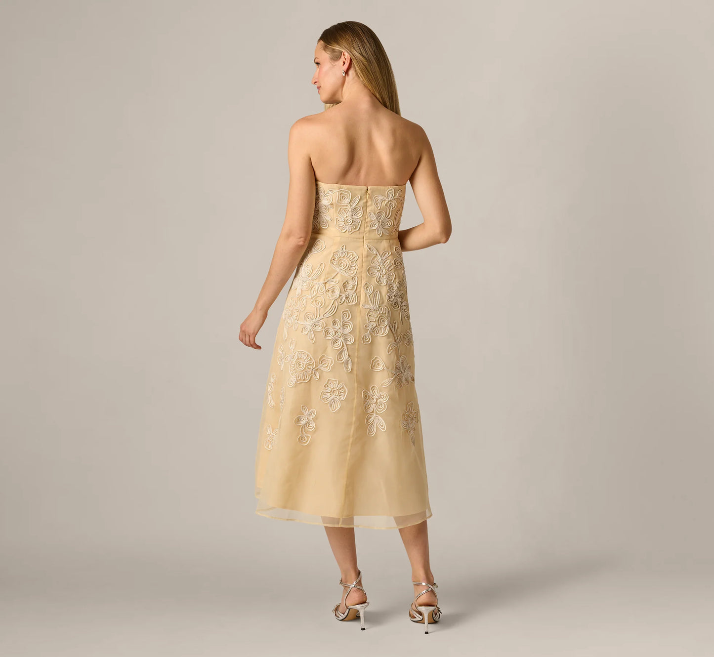 Strapless Floral Embroidered Organza Midi Dress In Maize
