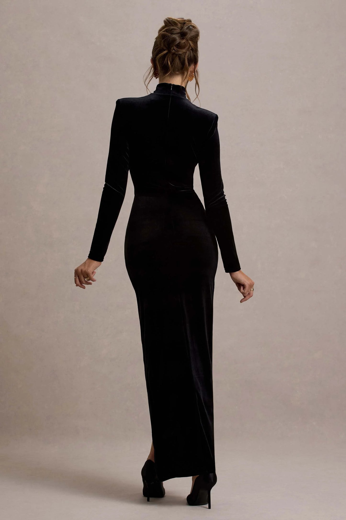 Jaz Black Velvet High-Neck Gathered Split Maxi Dress