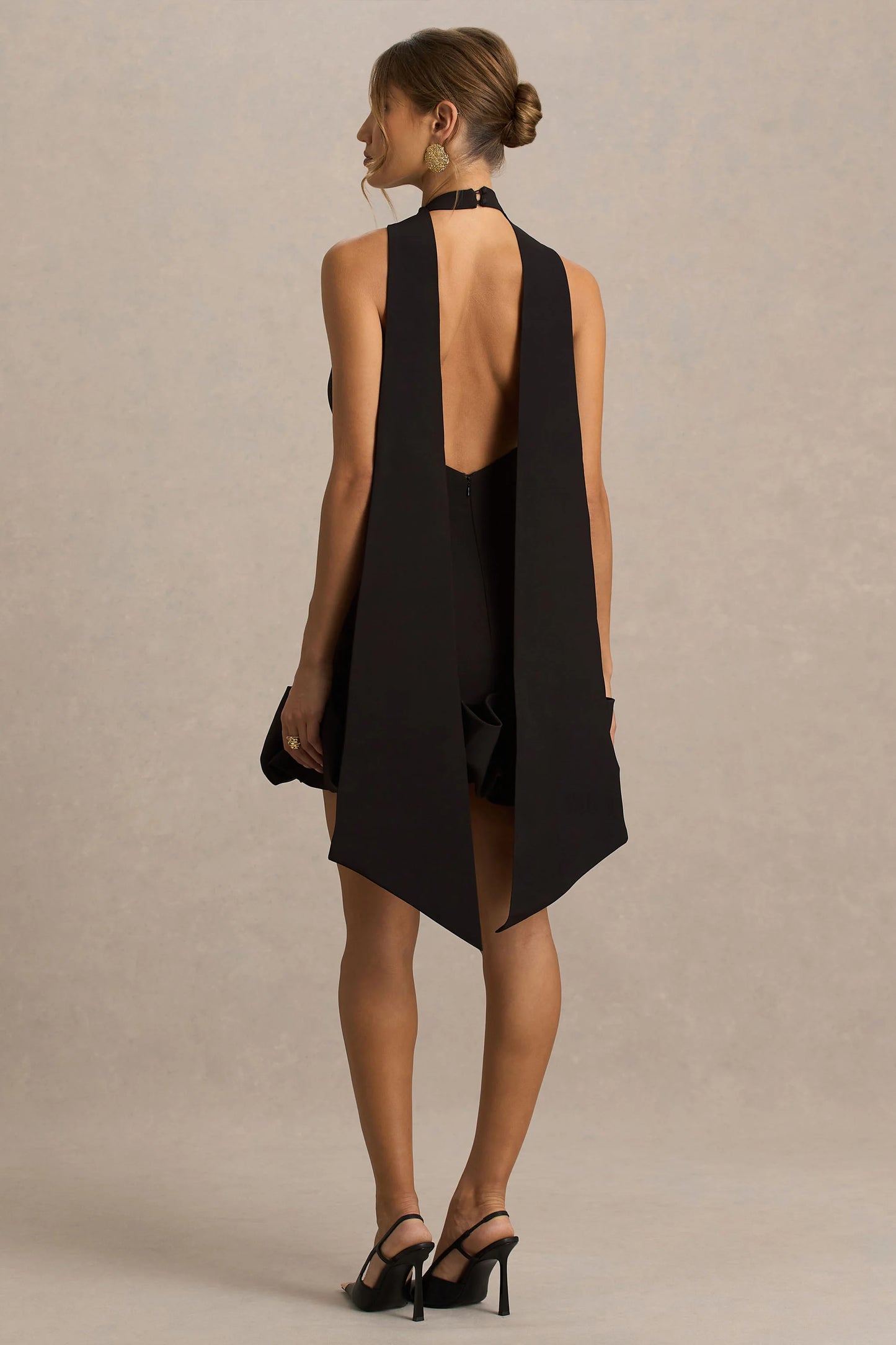 Geneve Black Halter-Neck Mini Dress With Ruffled Trim