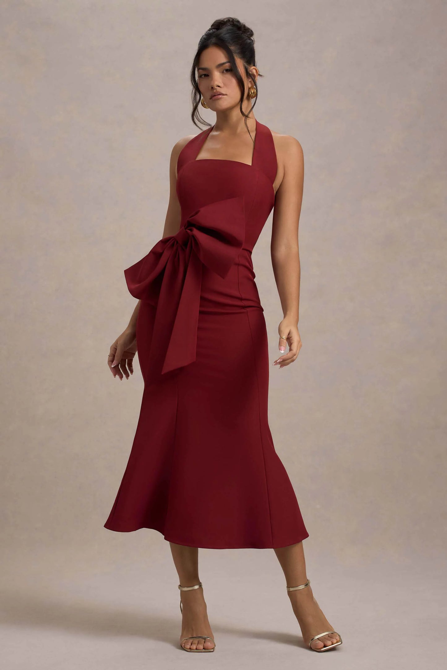 Aman Berry Halter-Neck Midi Dress With Oversized Bow