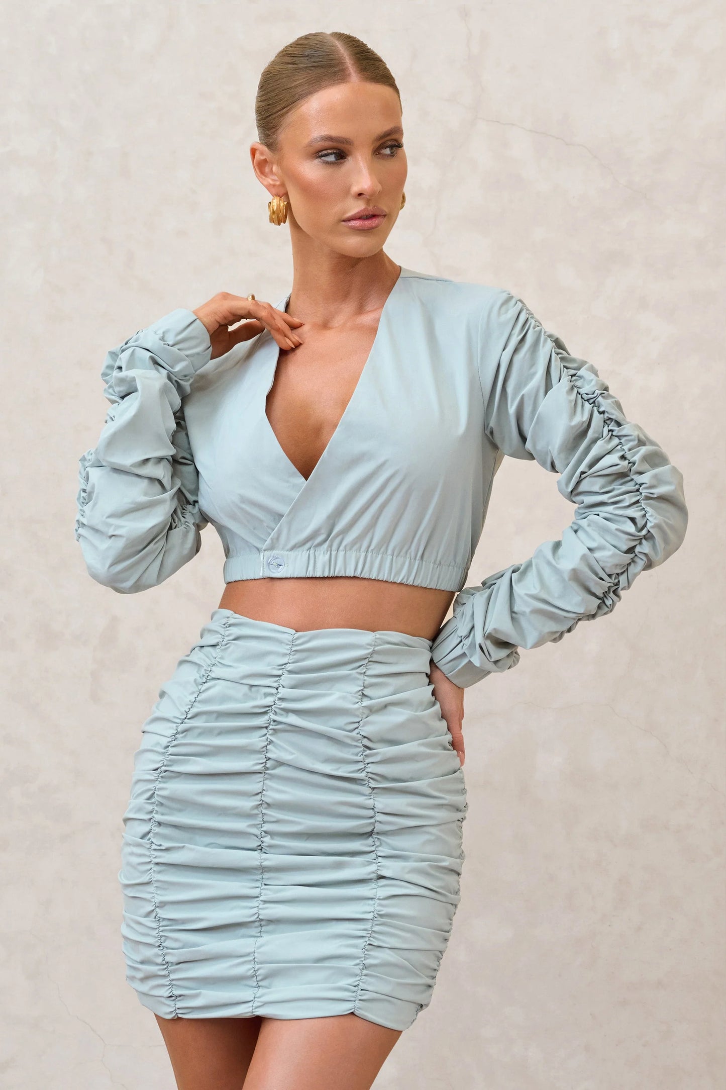 Break Of Day Sage Ruched Mini Skirt