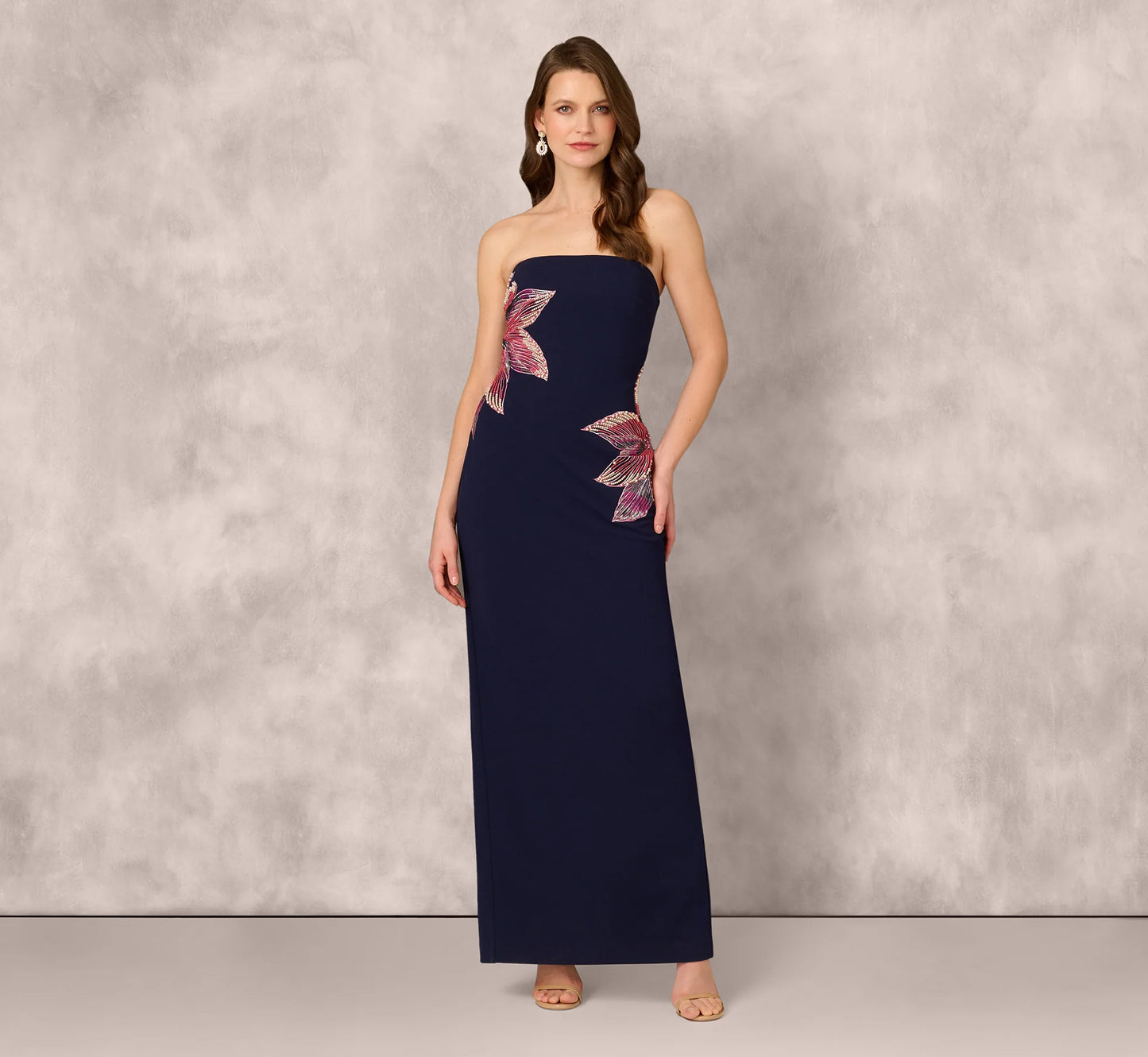 Strapless Beaded Flower Gown In Navy