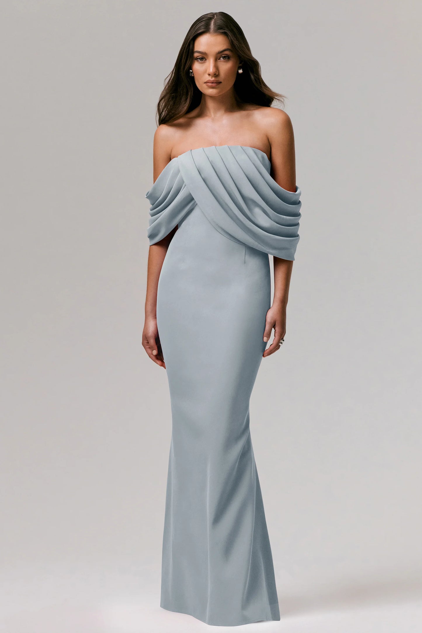 Serene Powder Blue Draped Bardot Maxi Dress