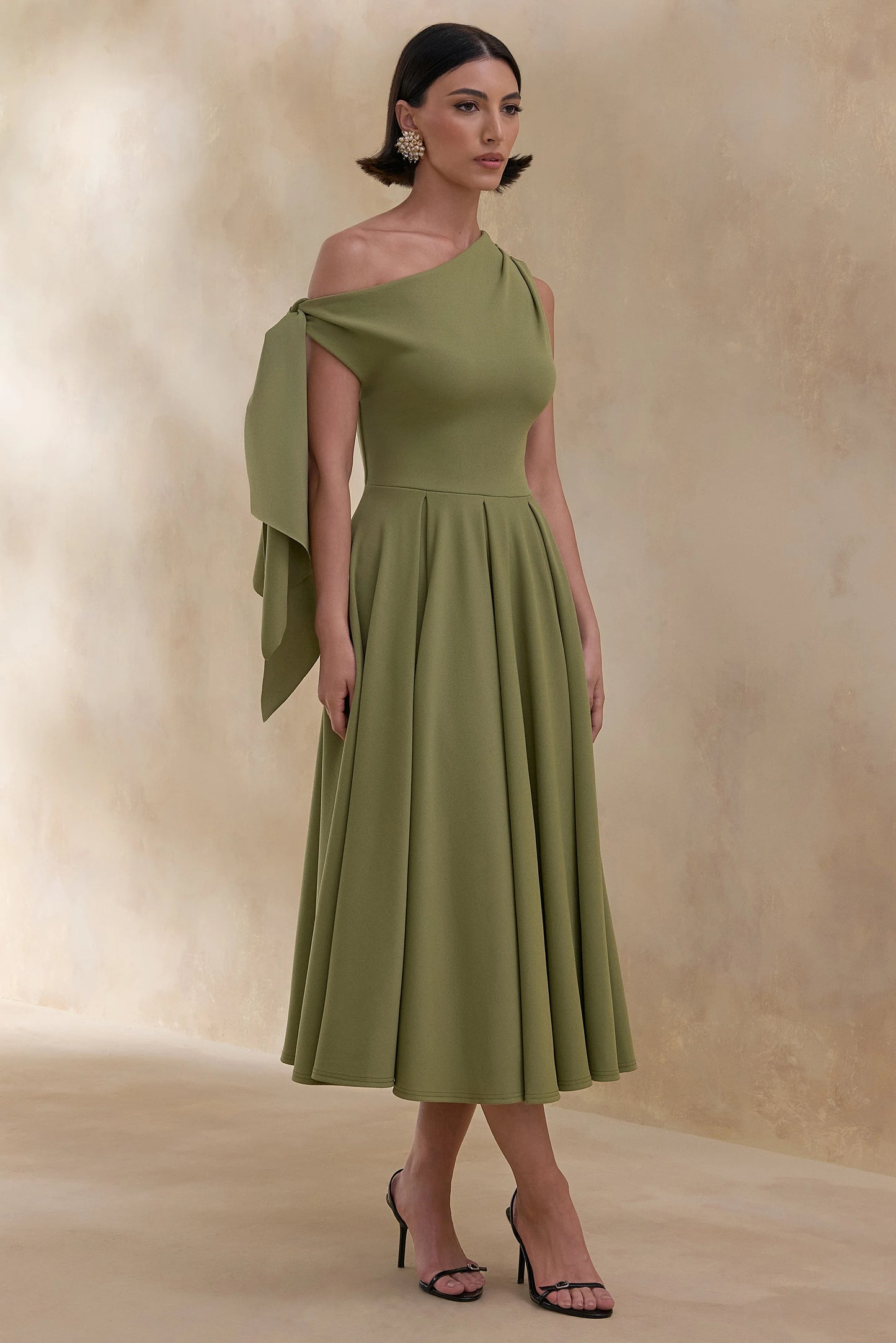 Daring Olive Asymmetric-Neck Midi Dress With Knot-Detail