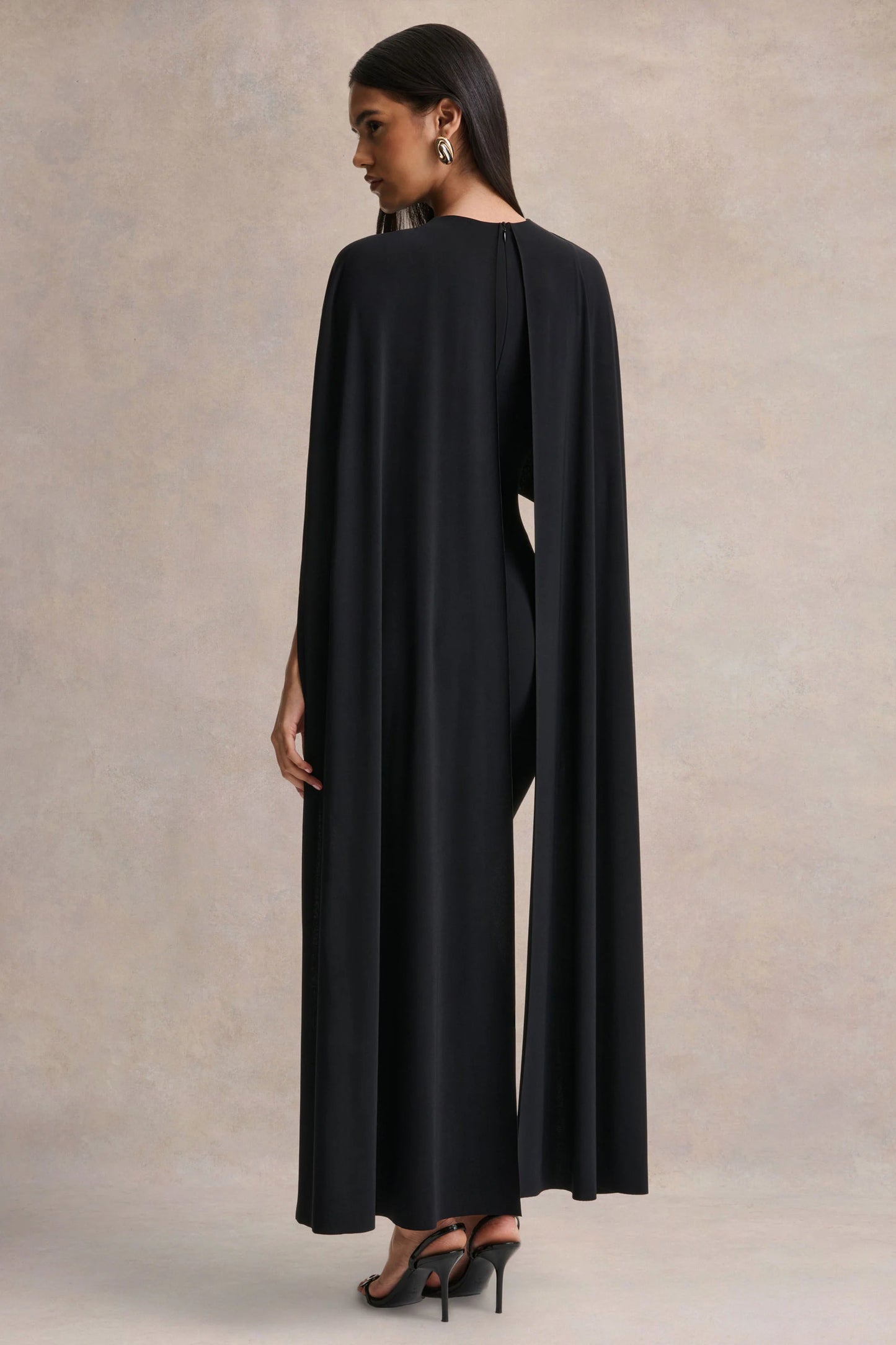 Kalani Black Crew-Neck Midi Dress With Cape-Sleeves