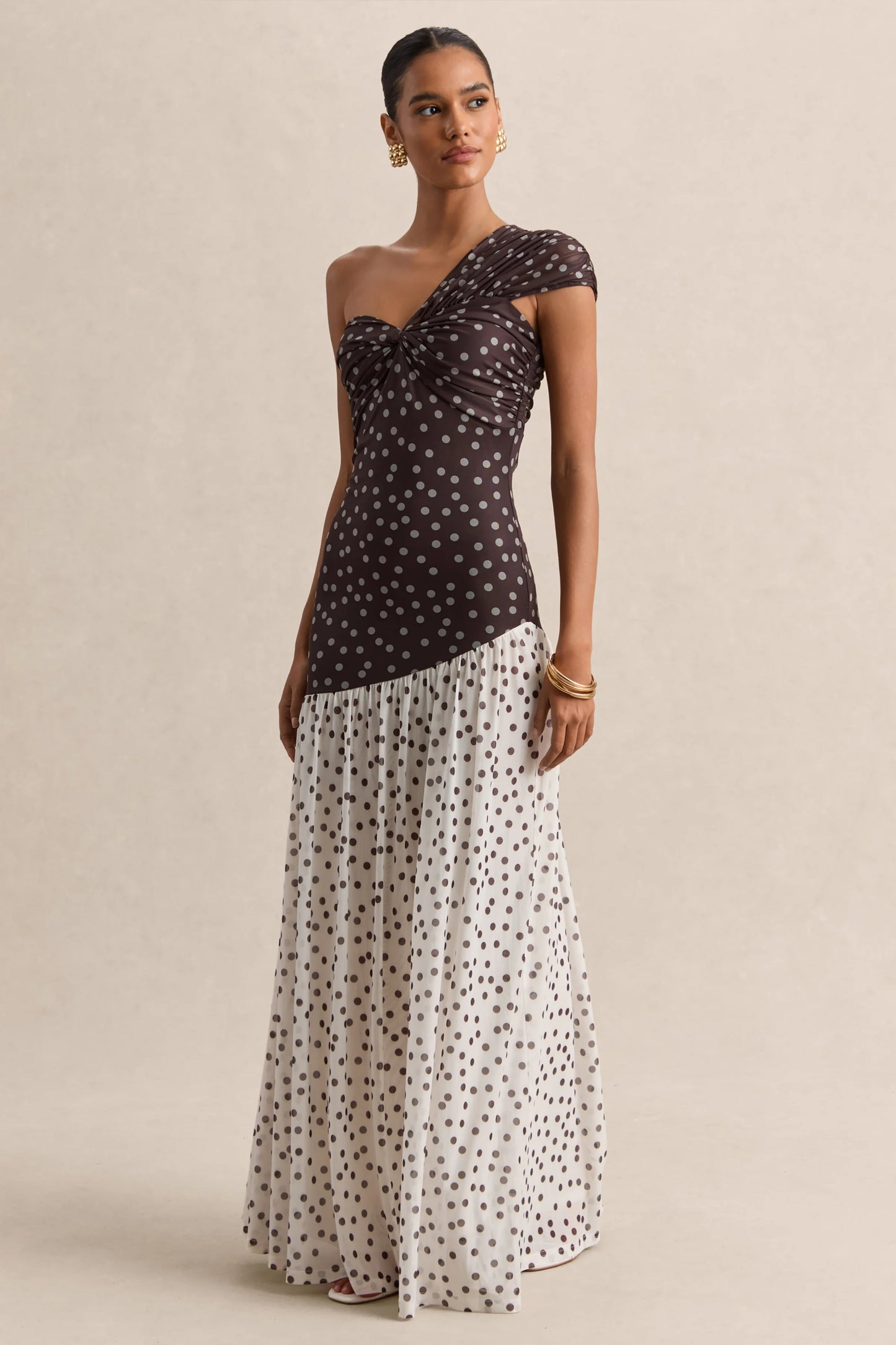 Motira Brown Polka-Dot Asymmetric-Neck Maxi Dress With Asymmetric Drop-Waist