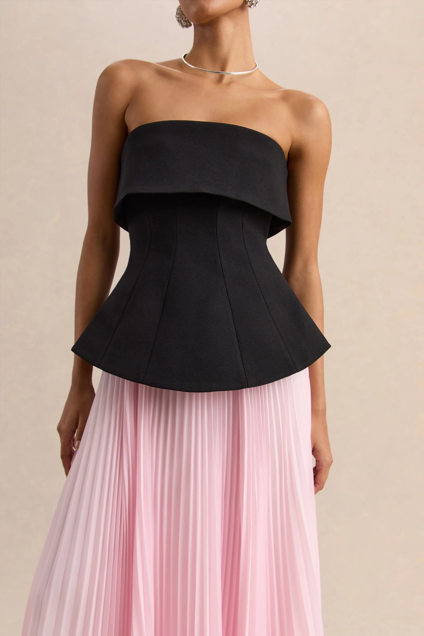 Stellara Black & Pink Bandeau Corset Maxi Dress With Sheer Skirt
