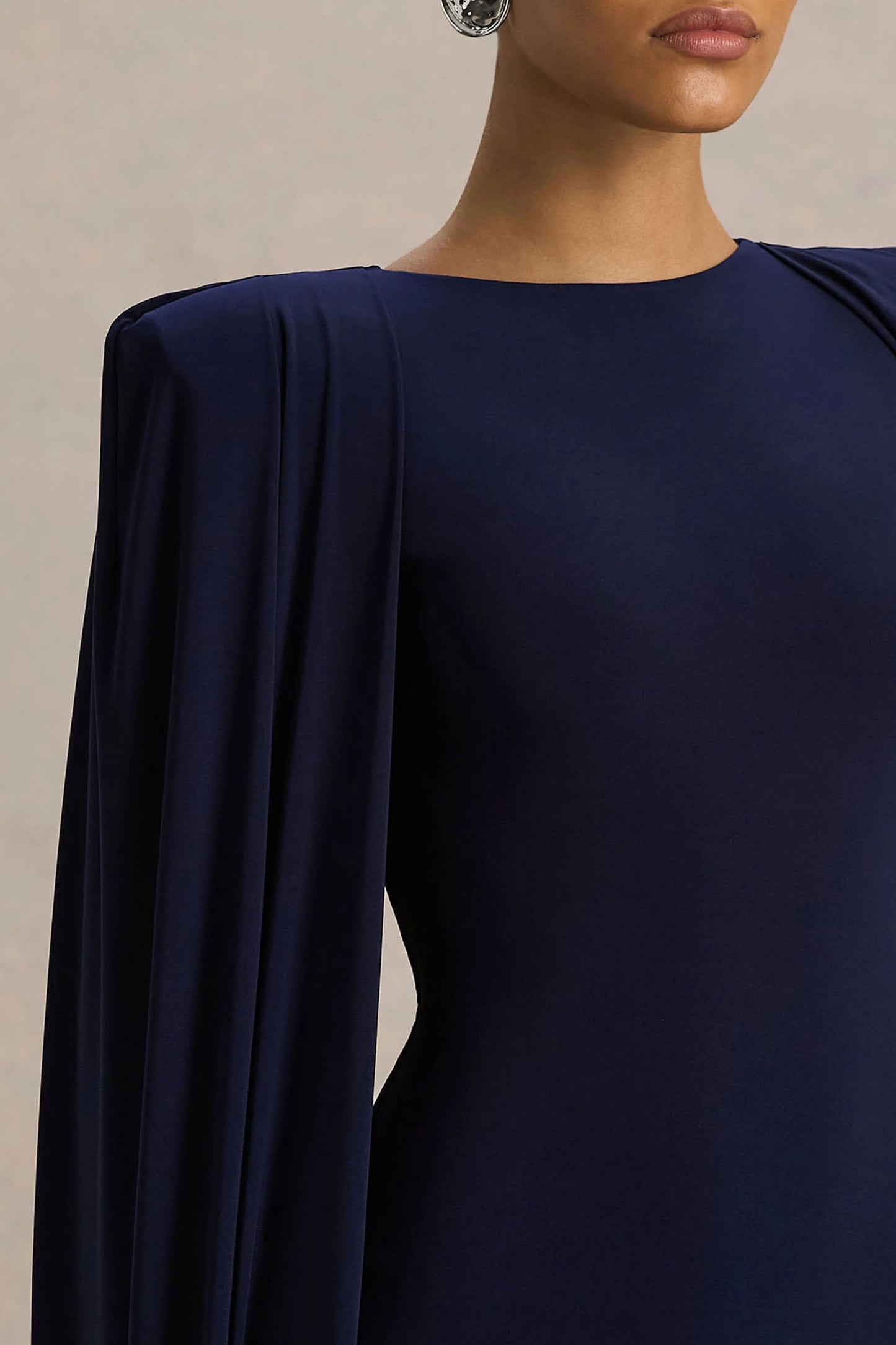 Mimi Navy High-Neck Maxi Dress With Cape Sleeve Detail