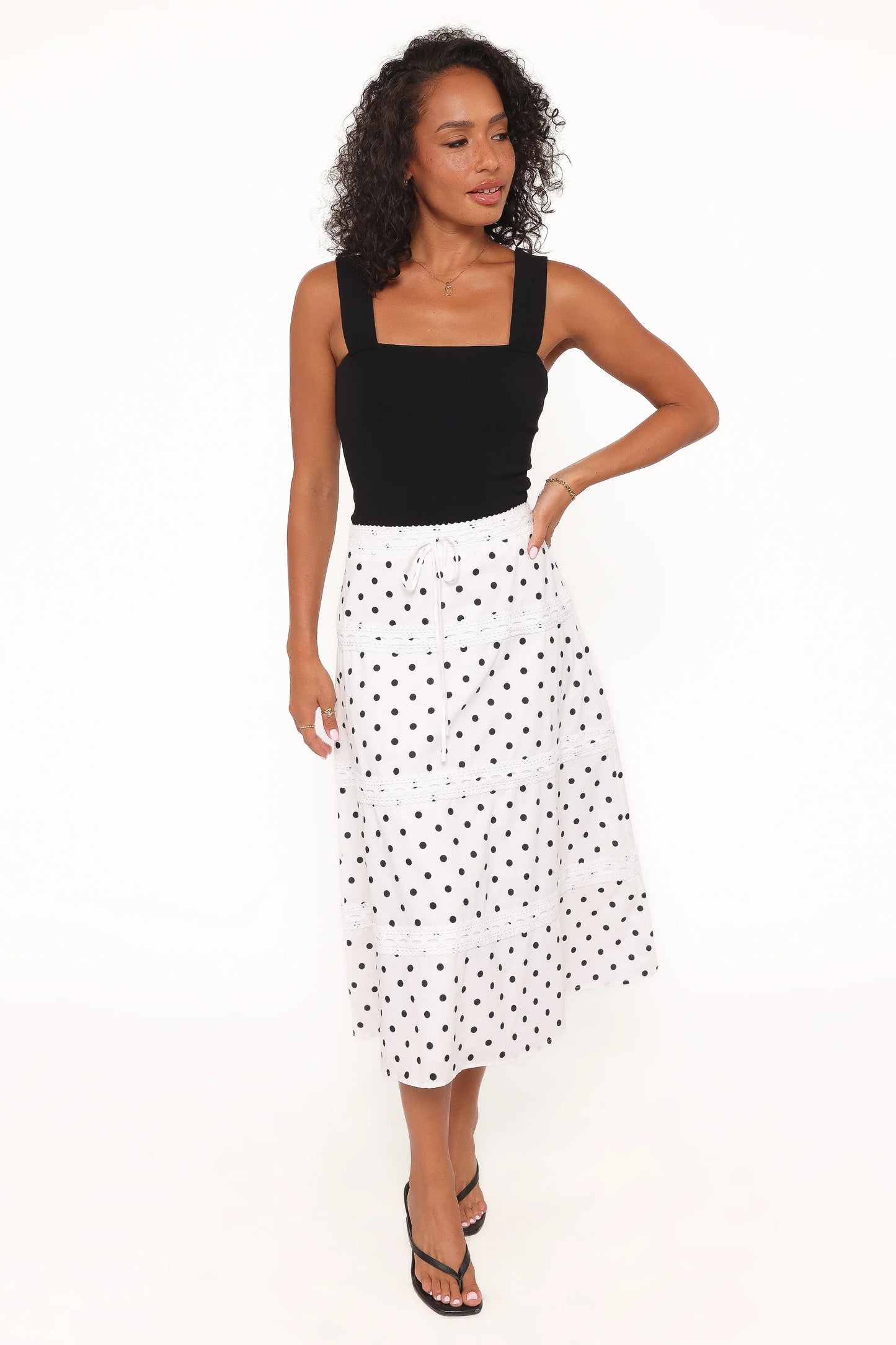 Lucia Tiered Midi Skirt - White Polka Dot