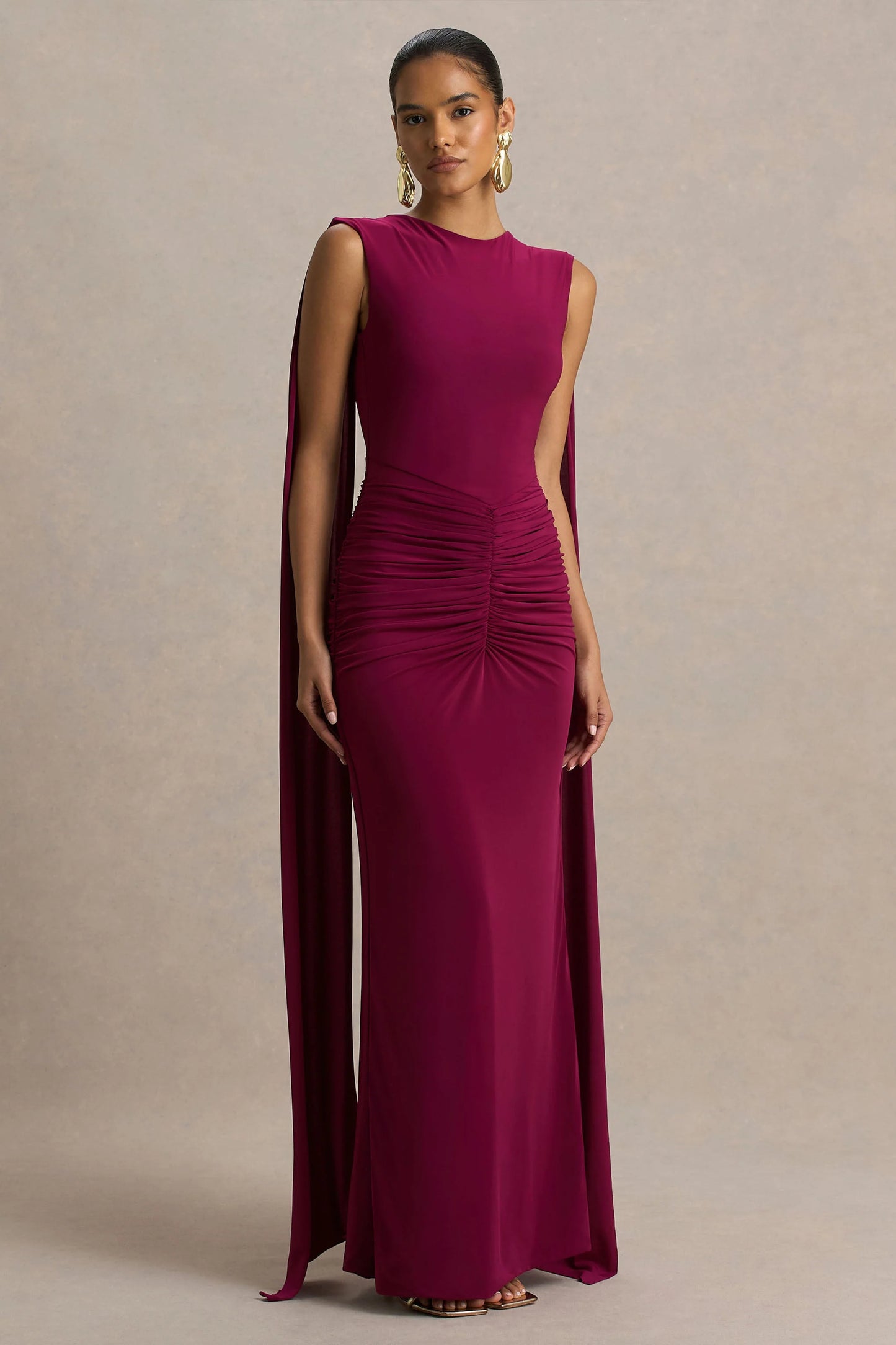 Premiere Burgundy Boat-Neck Maxi Dress With Open-Back And Cape-Sleeves