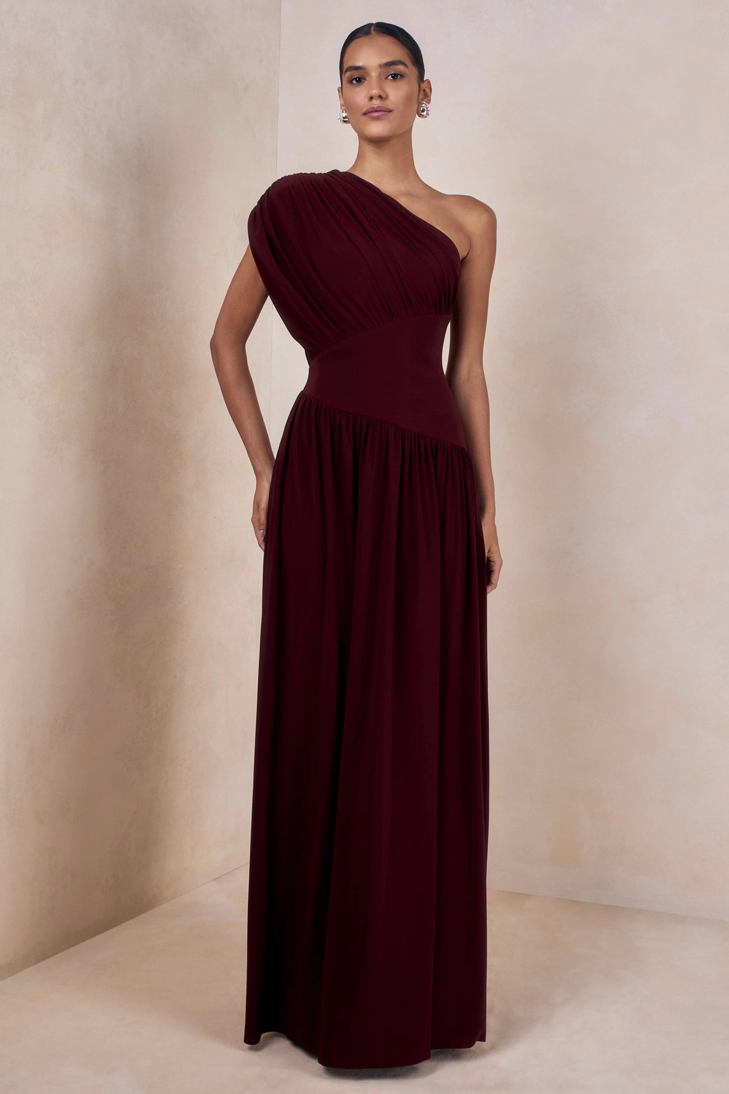 Kelsey Burgundy Asymmetric-Neck Maxi Dress With Ruched Detailing