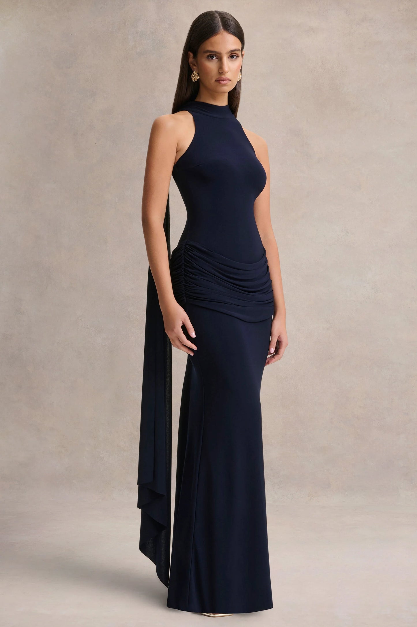 Hesperia Navy High-Neck Maxi Dress With Draped-Detailing And Scarf
