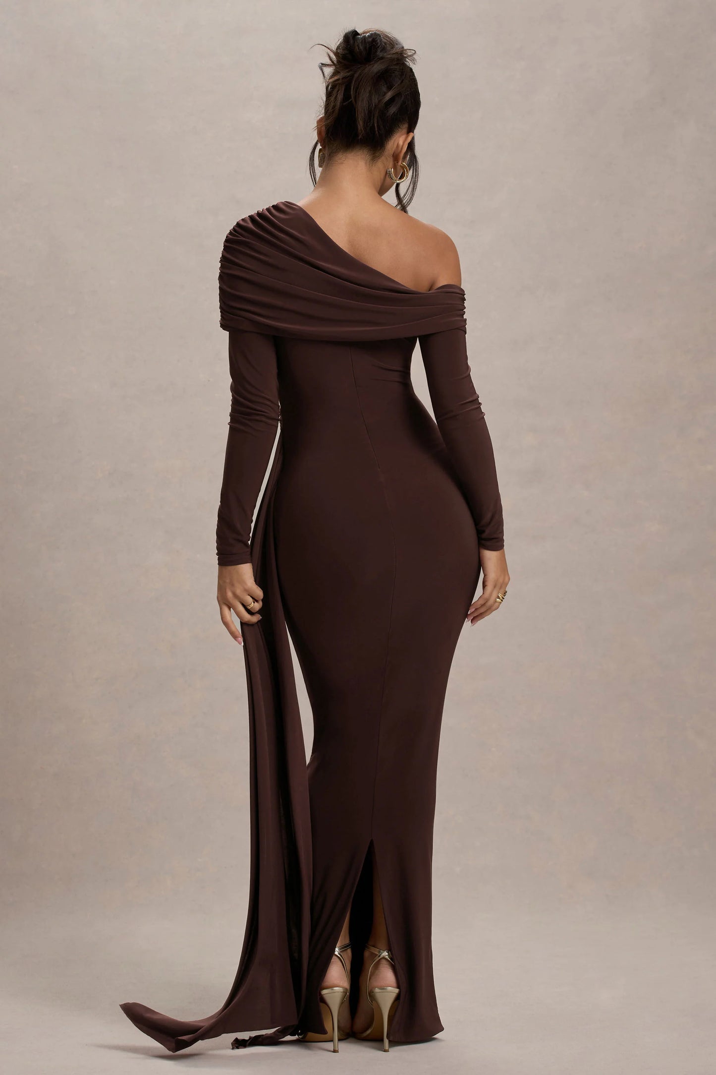 Valina Brown Ruched Asymmetric Maxi Dress With Drape