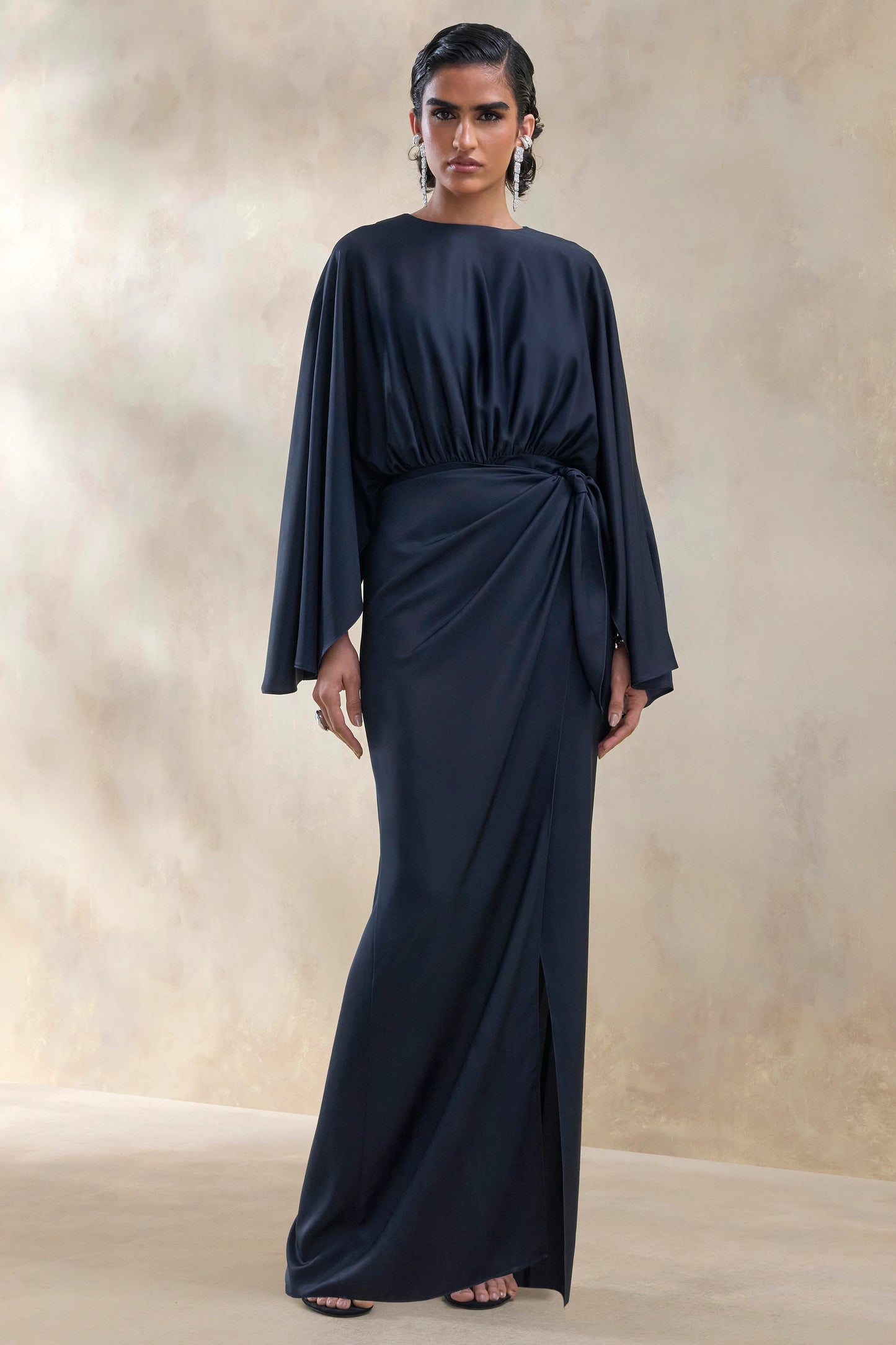 Delphina Navy Satin Maxi Dress With Gathered And Knot-Detail