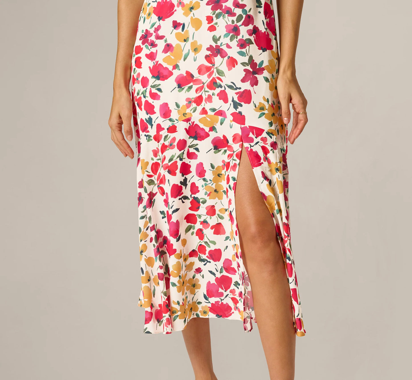 Flounce Collar Floral Print Midi Dress In Ivory Multi