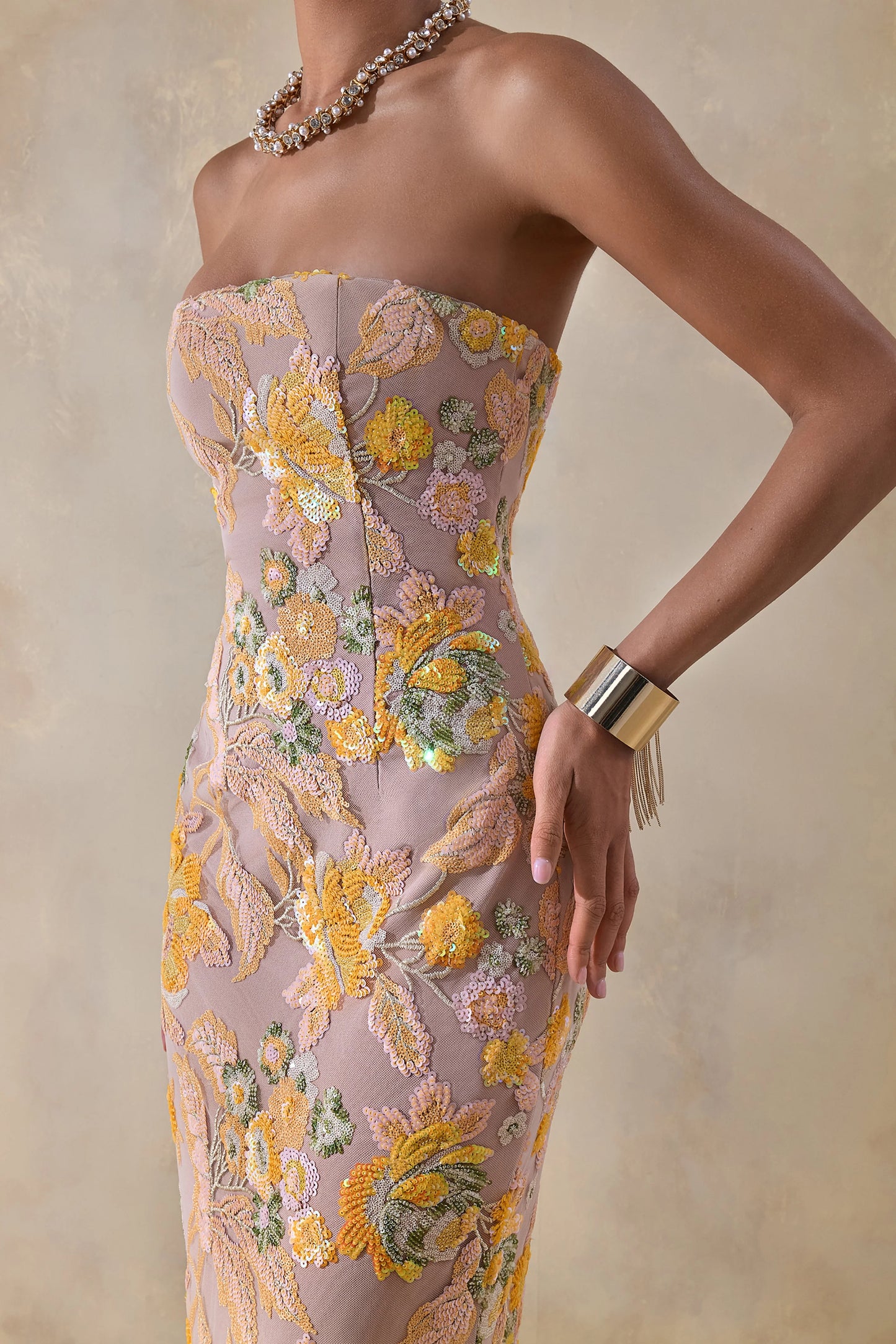 Severn Yellow Embellished Floral Bandeau Maxi Dress