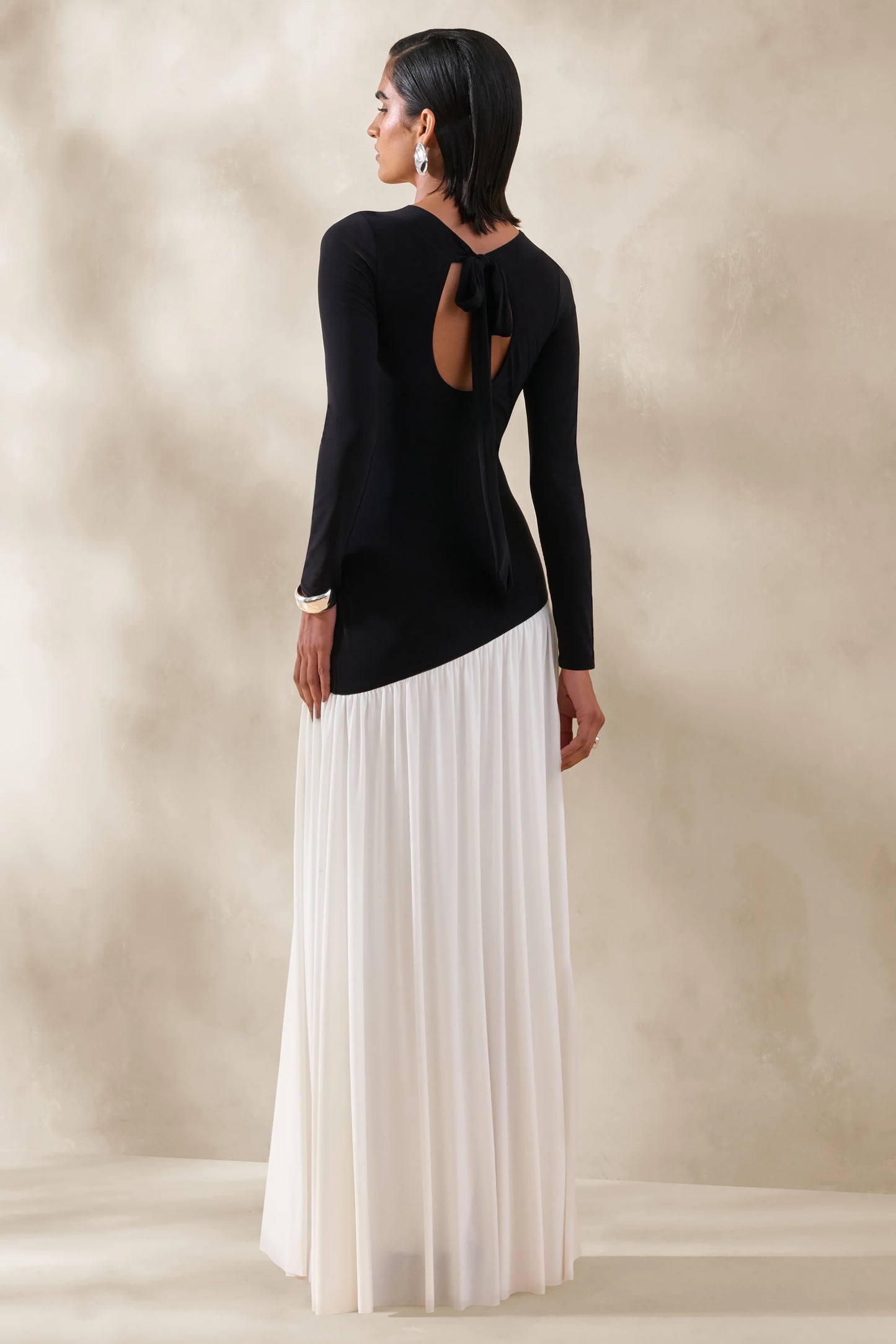 Jasira Black & White Crew-Neck Maxi Dress With Asymmetric Drop-Waist