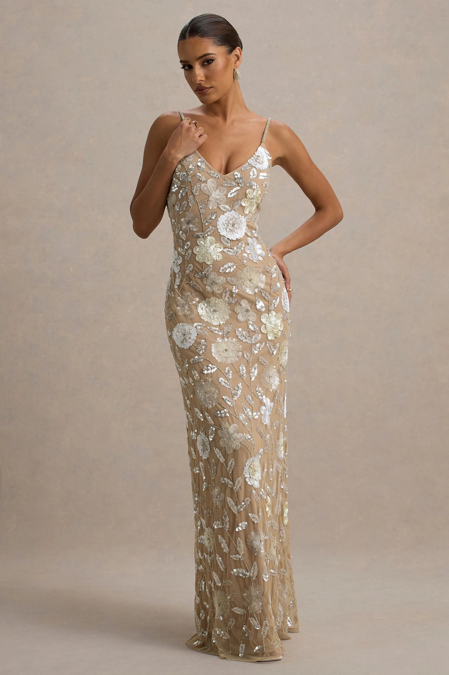 Gemini Floral Sequin Hand-Embellished Strappy Maxi Dress