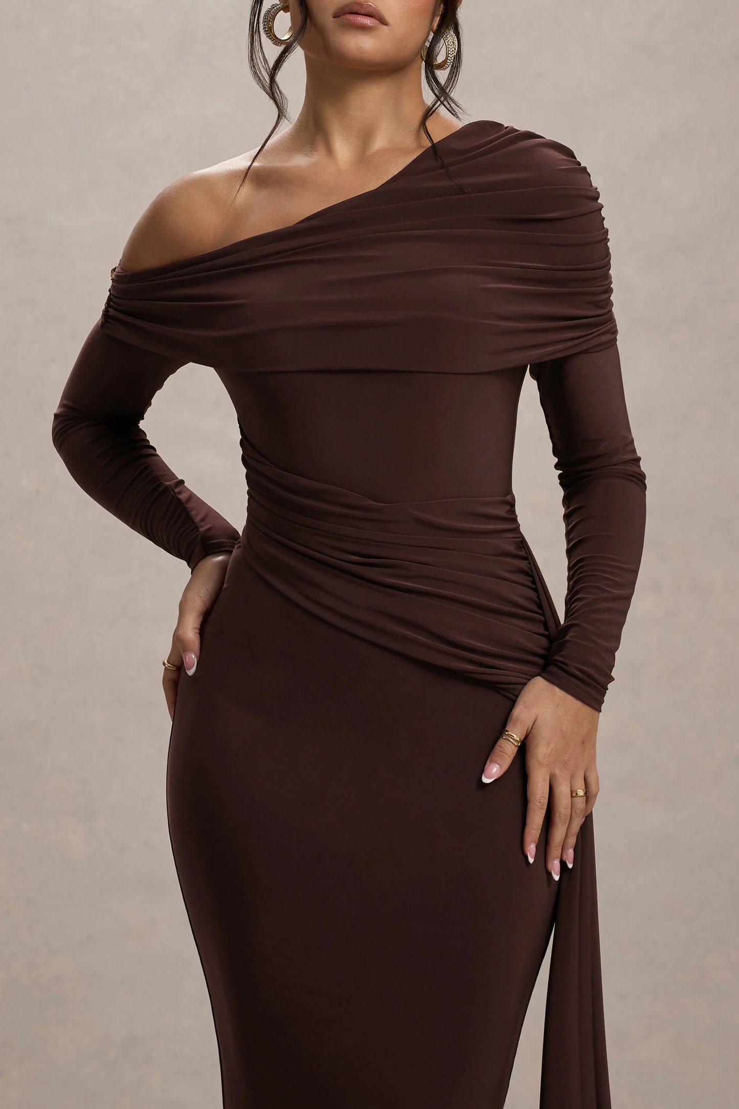Valina Brown Ruched Asymmetric Maxi Dress With Drape