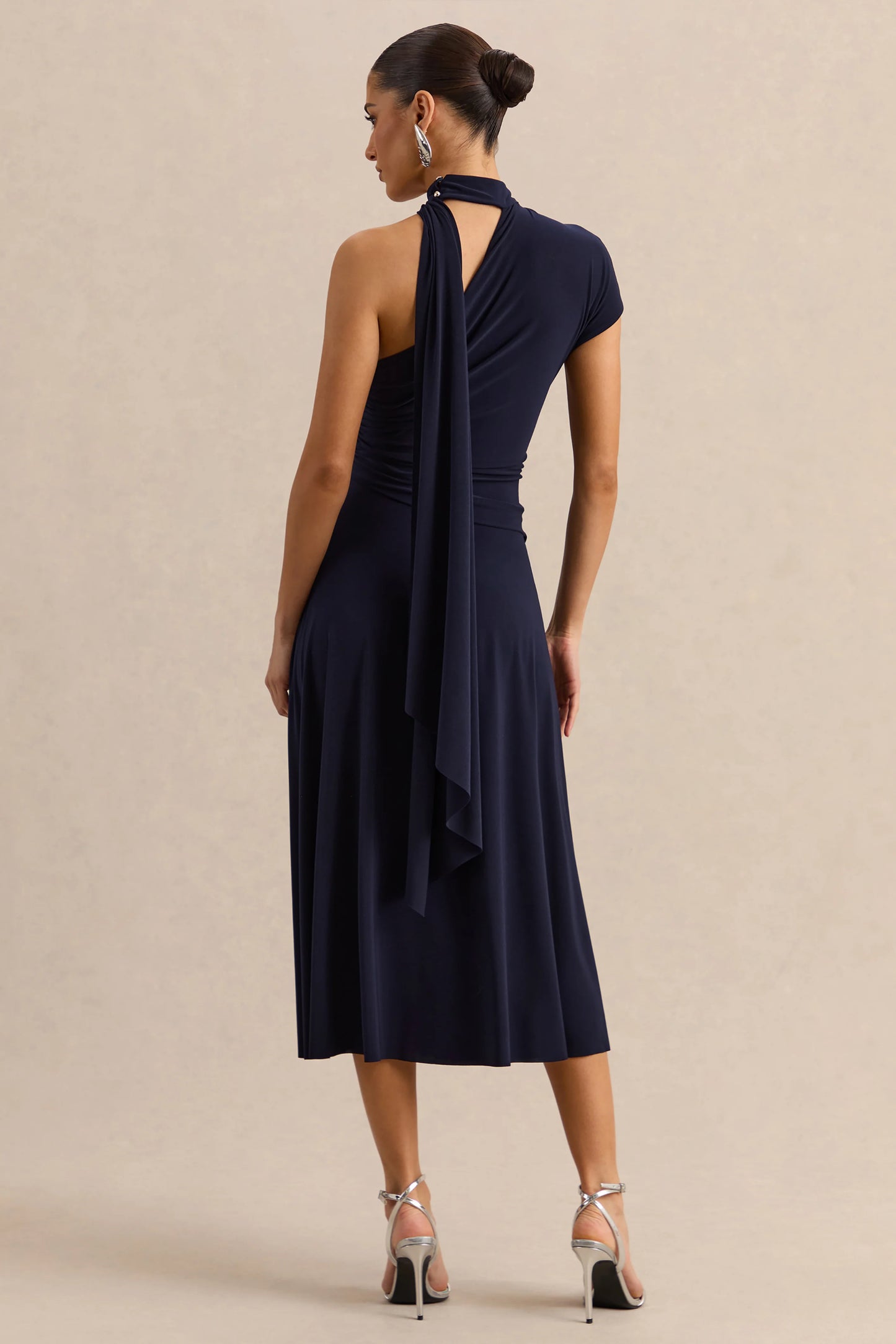 Lythara Navy Asymmetric-Neck Midi Dress With Scarf-Detail