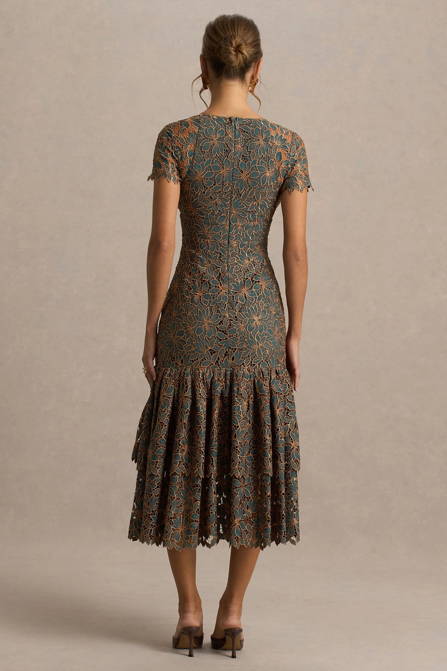 Sabrina Dark Green And Rust Embroidered Plunge-Neck Midi Dress