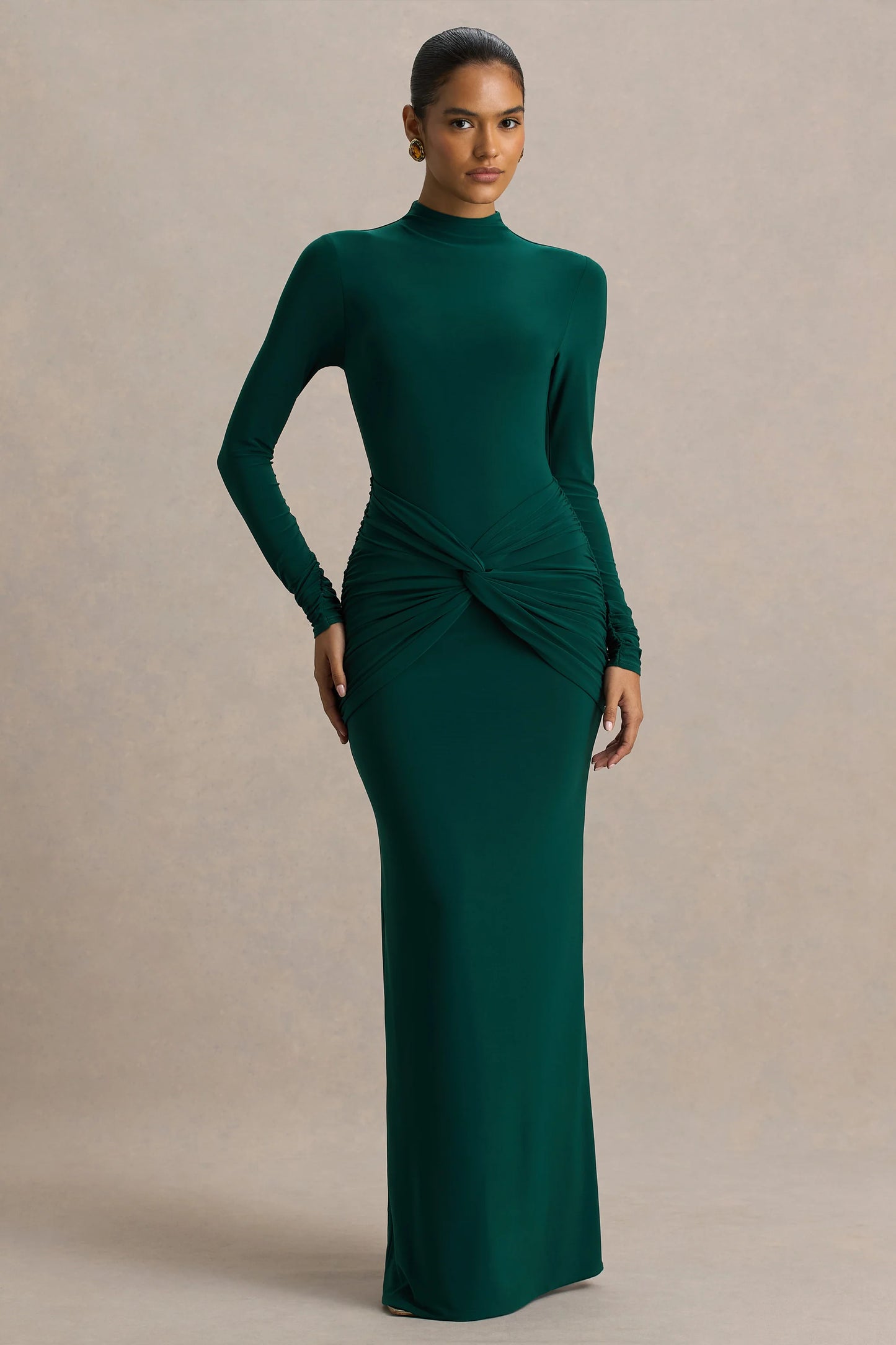 Alula Bottle Green High-Neck Maxi Dress With Twist Detail