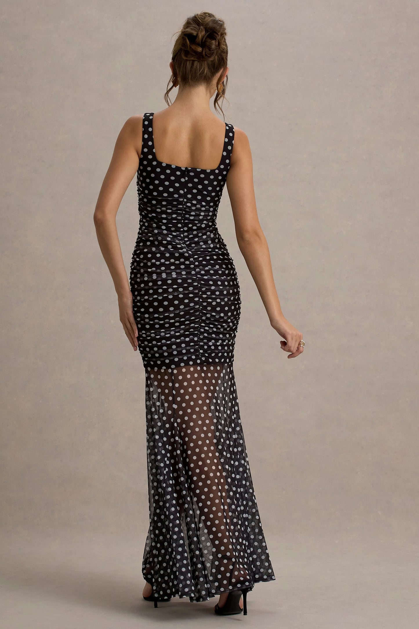 Galaxia Black & White Polka Dot Maxi Dress With Mesh Skirt
