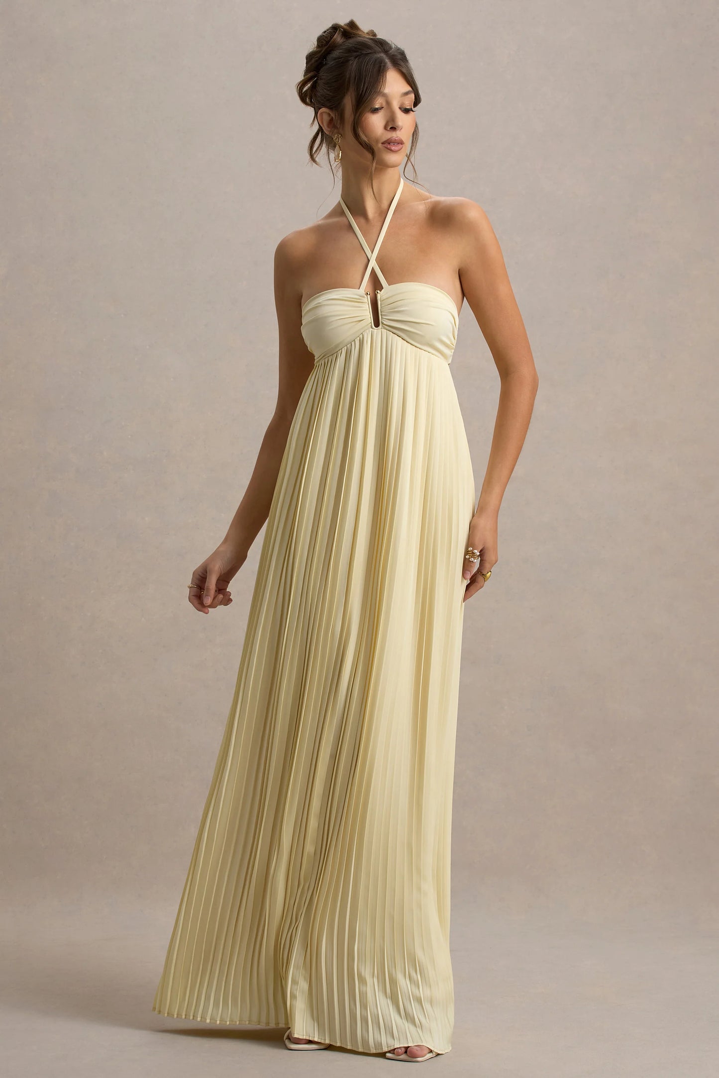 Elayne Pale Lemon Halter-Neck Maxi Dress With Cut-Out Detail