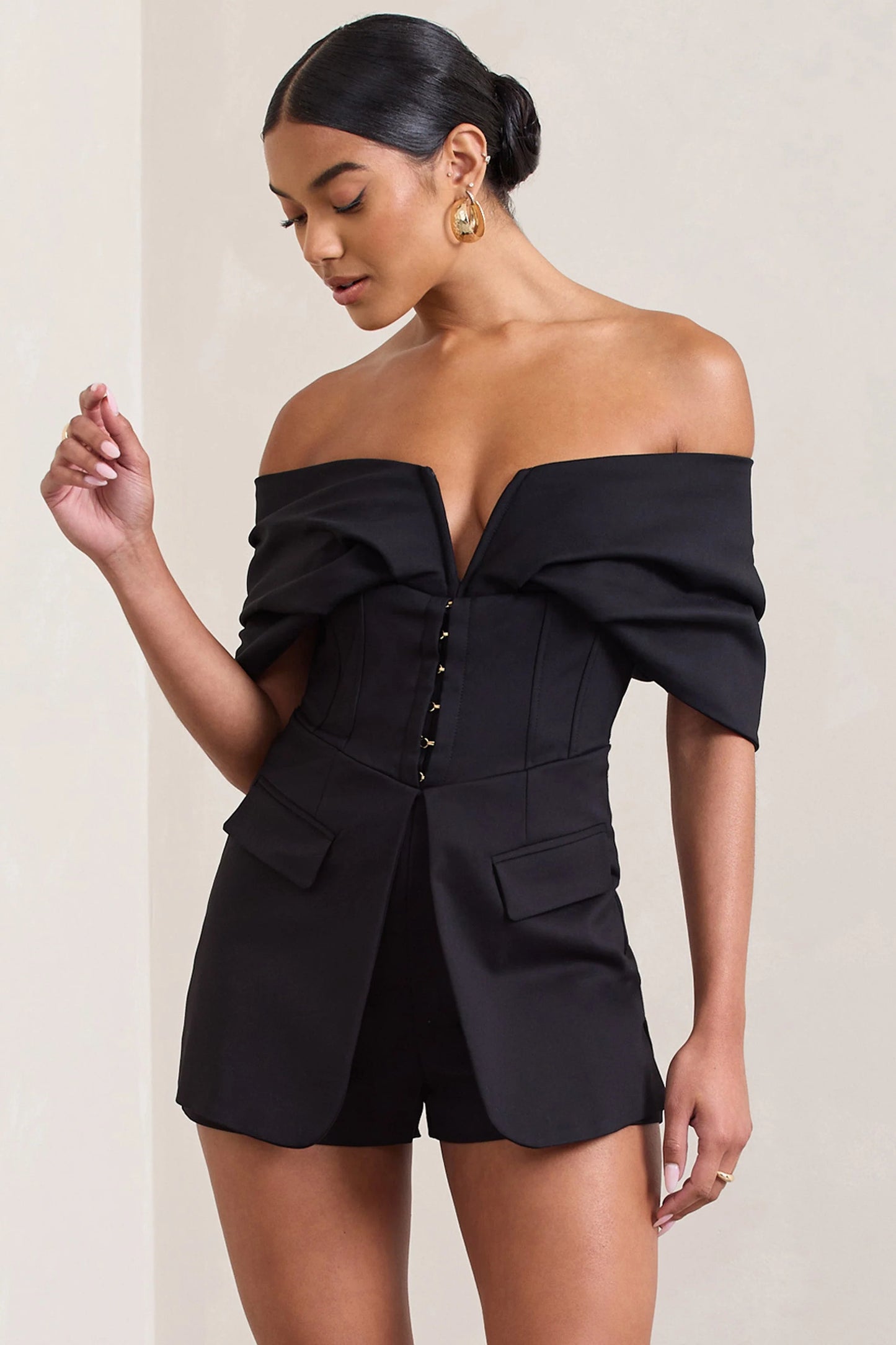 Damsel Black Cotton-Blend Corset Bardot Playsuit