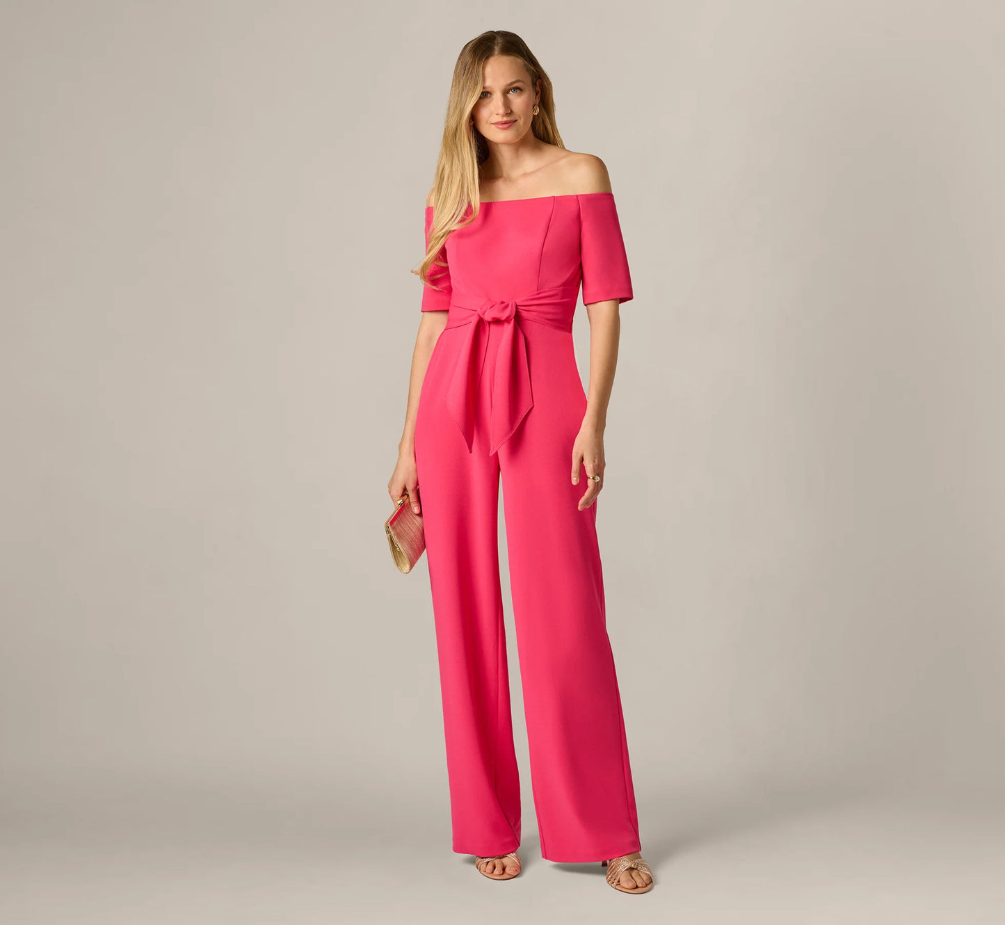 Off Shoulder Tie Front Stretch Jumpsuit In Camellia