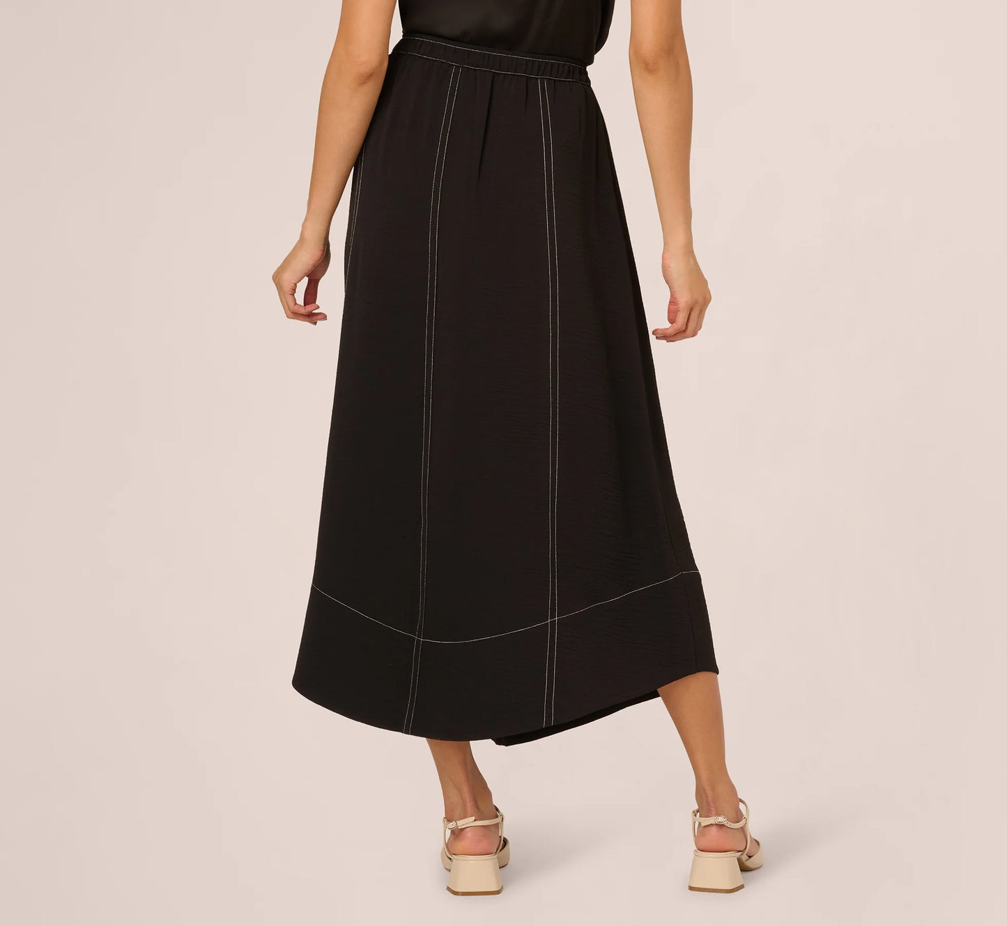 Contrast Stitching A Line Midi Skirt In Black Ivory