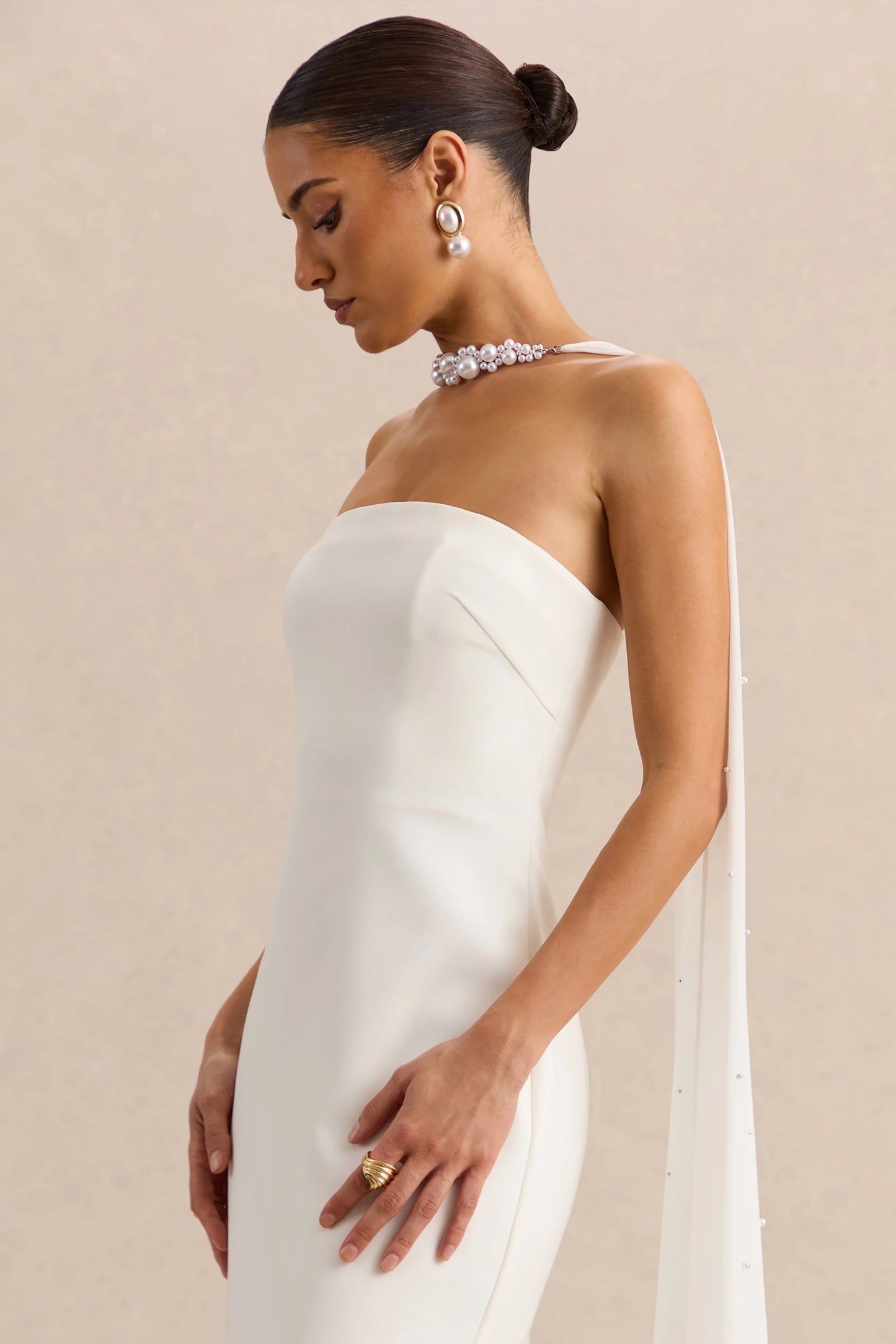 Alina White Bandeau Maxi-Dress With Cape