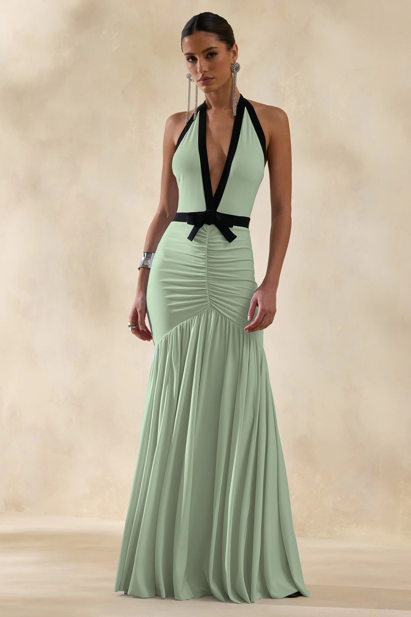 Cosmina Mint Plunge-Neck Maxi Dress With Bow-Detail