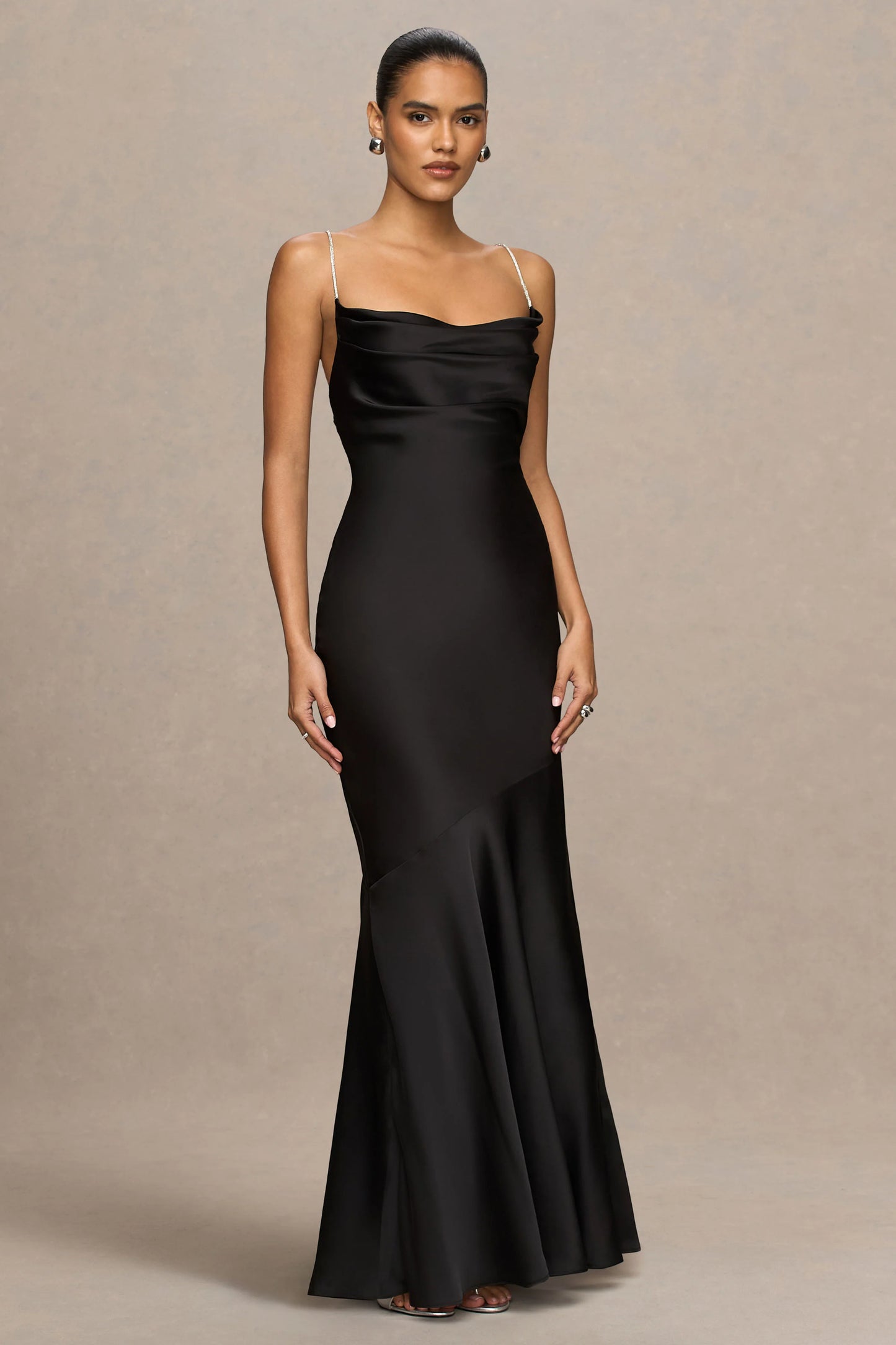 Maelia Black Satin Cowl-Neck Maxi Dress With Diamante Straps