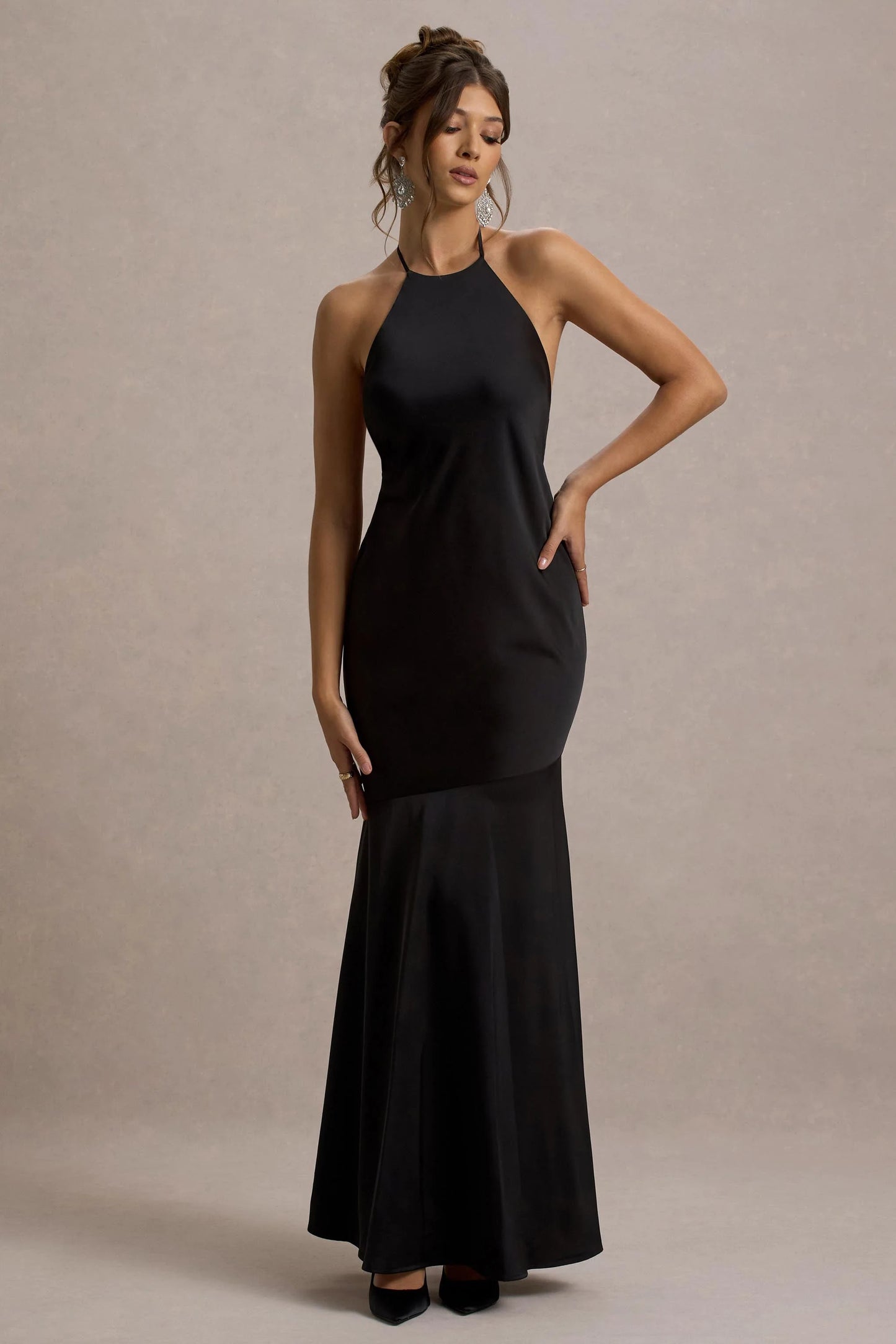 Frida Black Satin Halter-Neck Backless Maxi Dress
