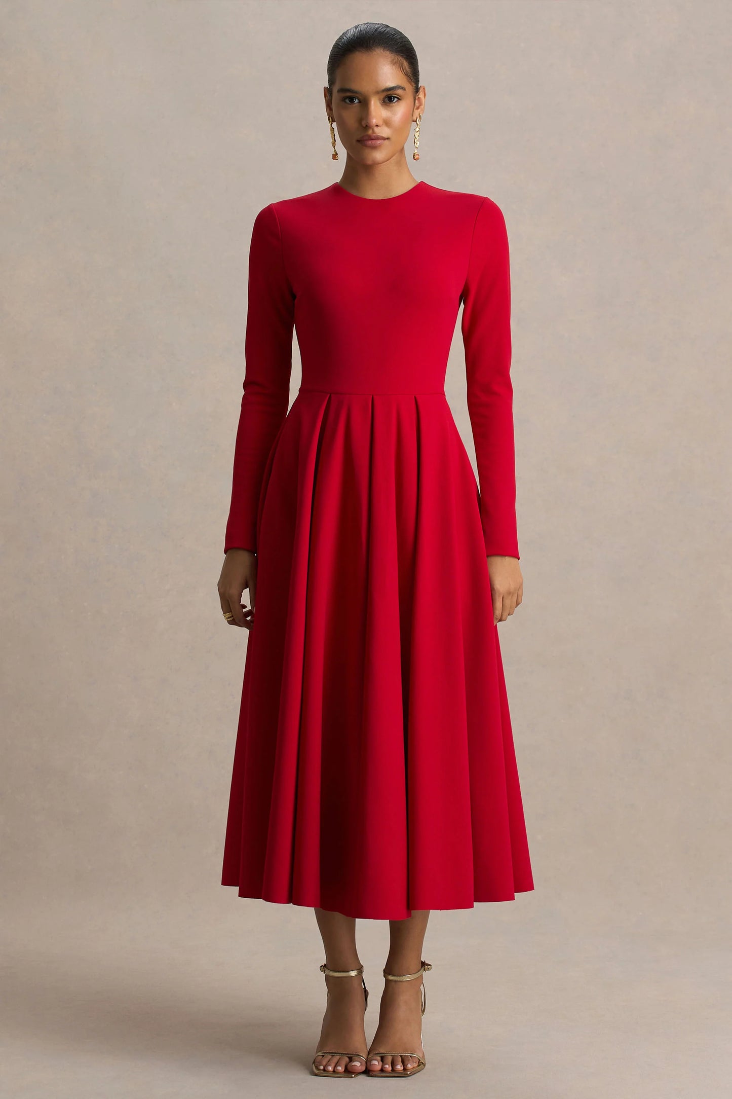 Bellamy Red Crew-Neck Long-Sleeve Midi Dress