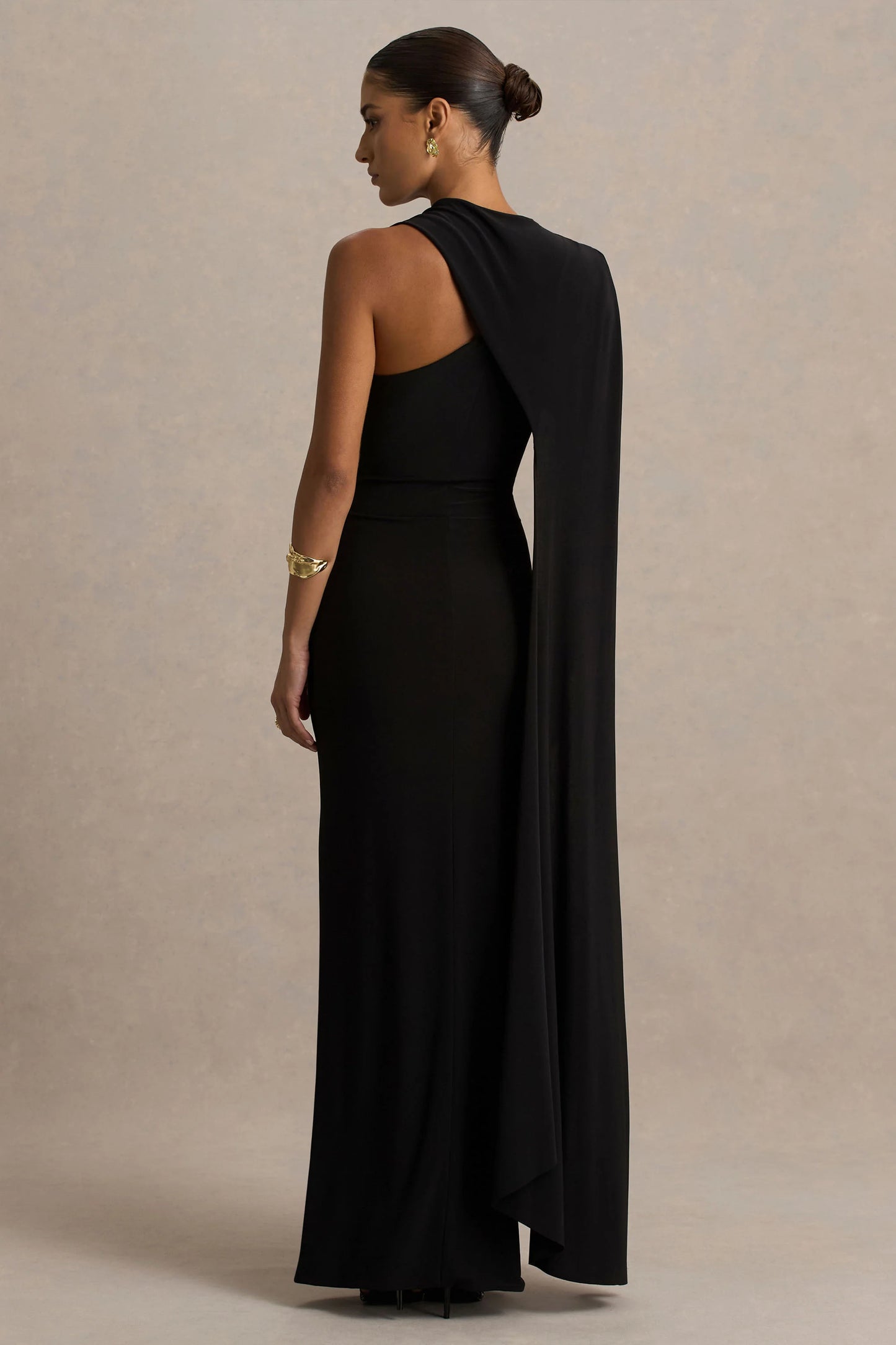 Dawn Black High-Neck Maxi Dress With One Long Cape-Sleeve