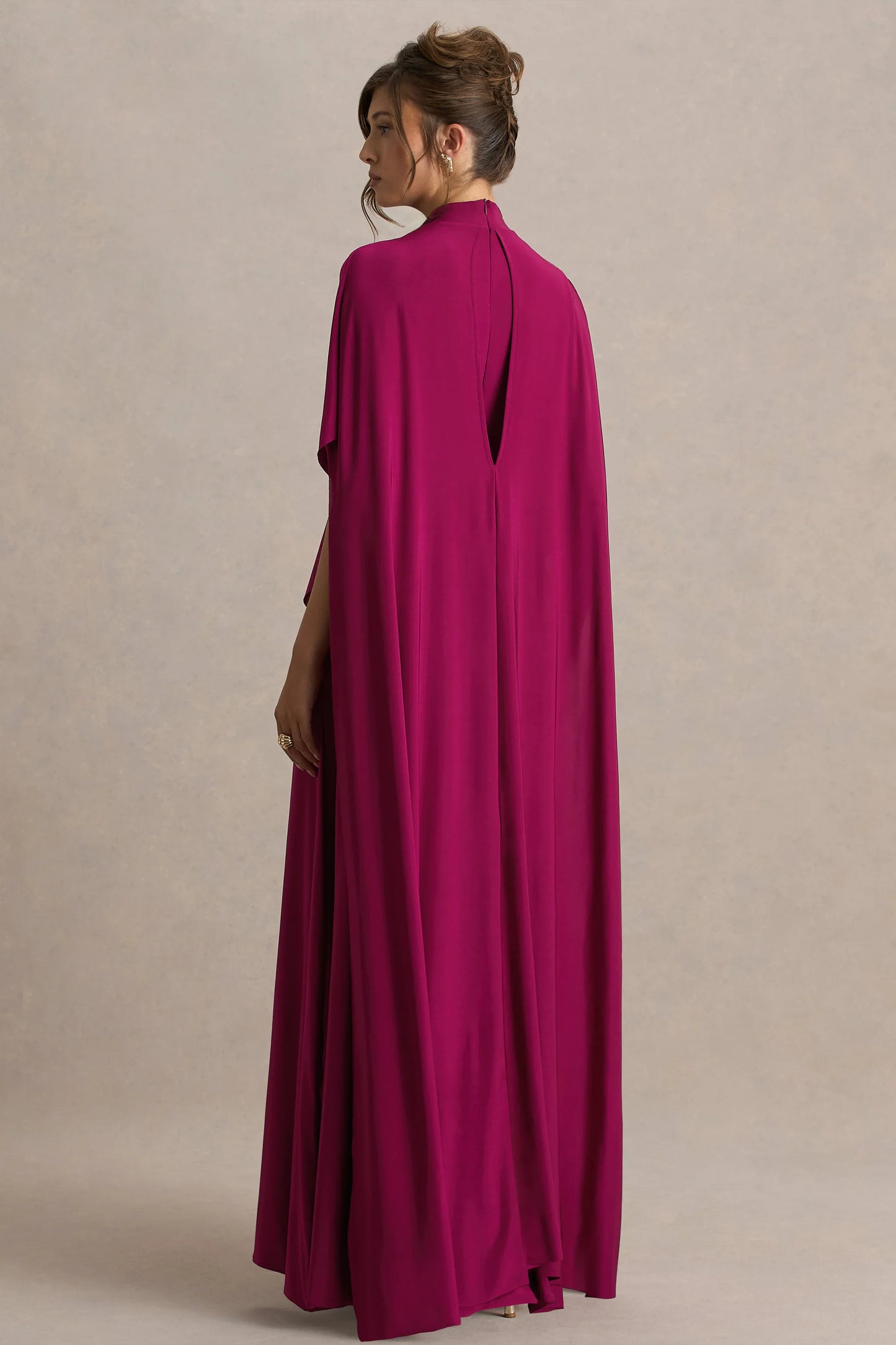 Olessia Burgundy Belted Gathered Cape-Sleeve Maxi Dress