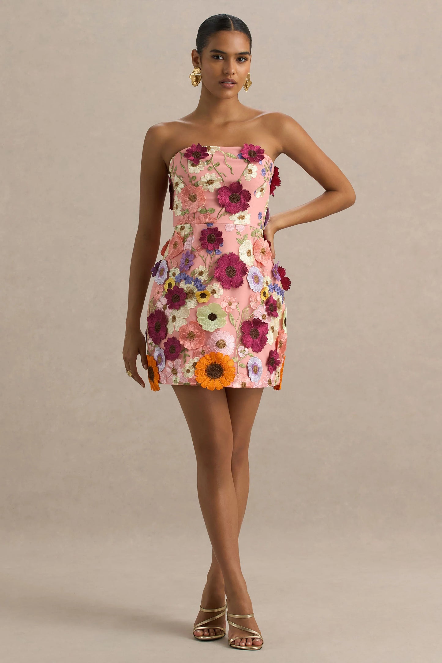 Kristen Pink Floral Bandeau-Neck Mini Dress