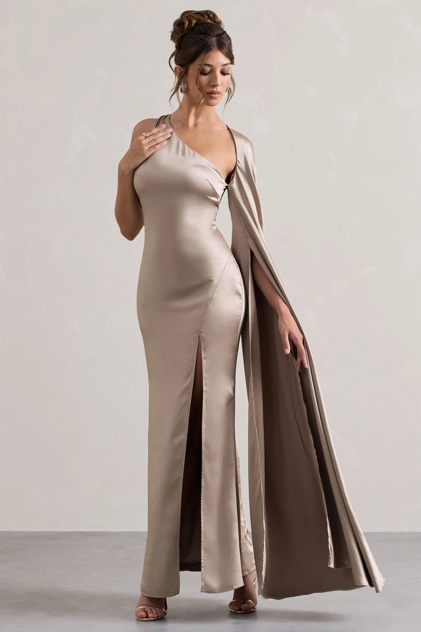 Gala Taupe Satin One-Shoulder Cape Sleeve Split Maxi Dress