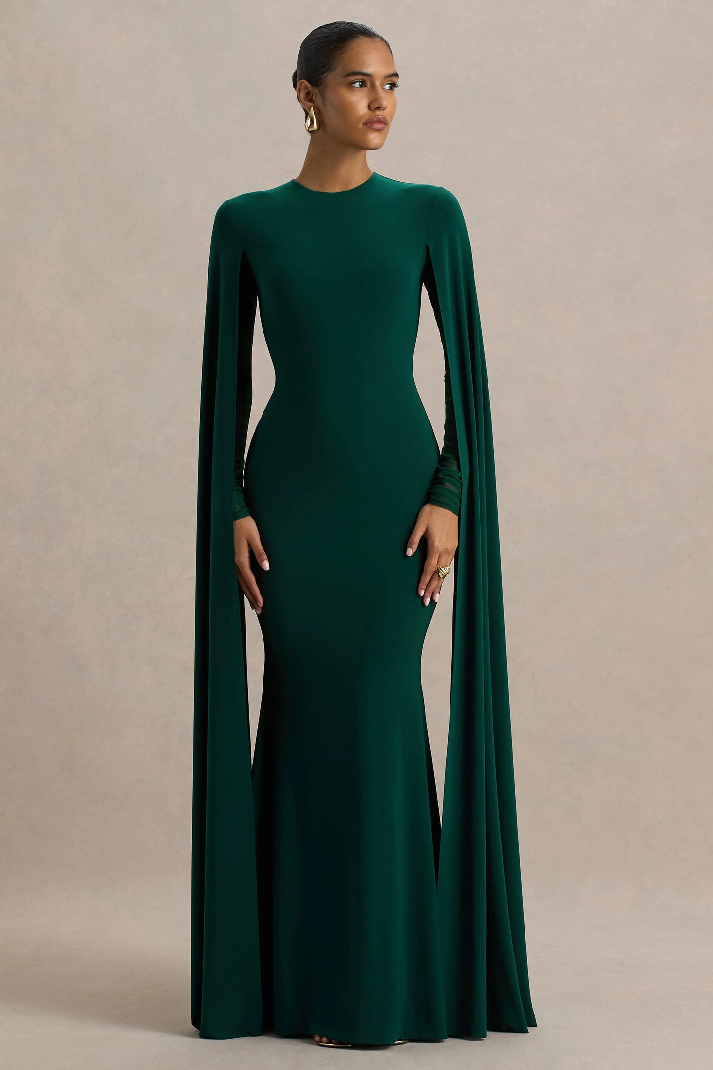 Isla Bottle Green Crew-Neck Maxi Dress With Cape Sleeve