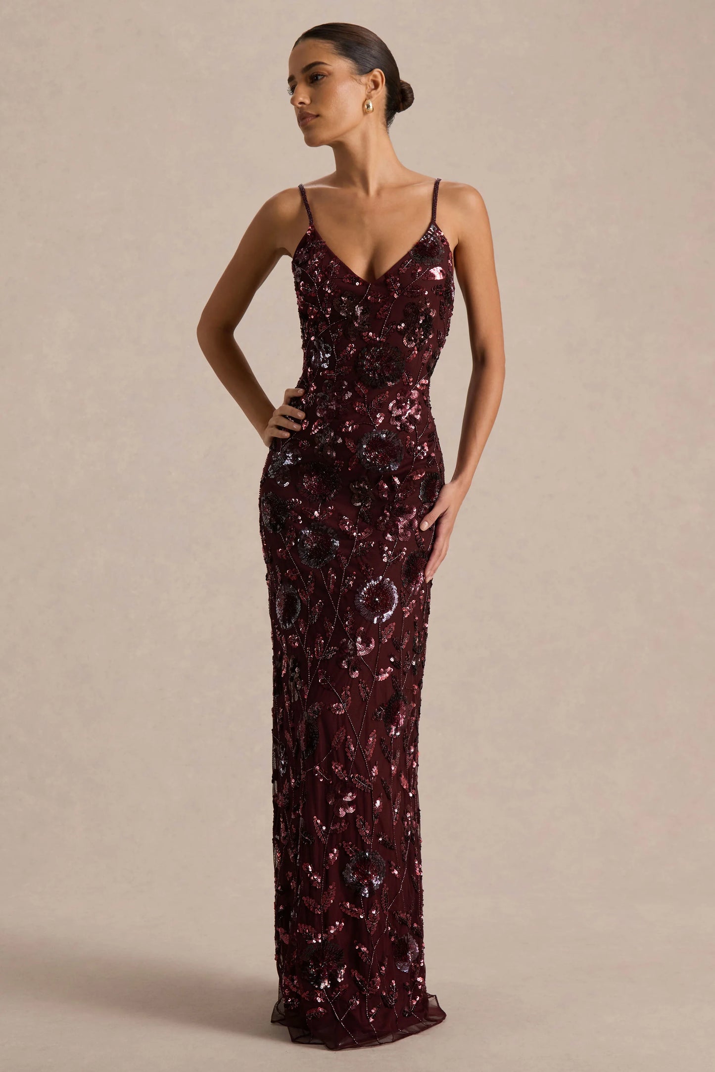 Gemini Burgundy Floral Sequin Embellished Strappy Maxi Dress