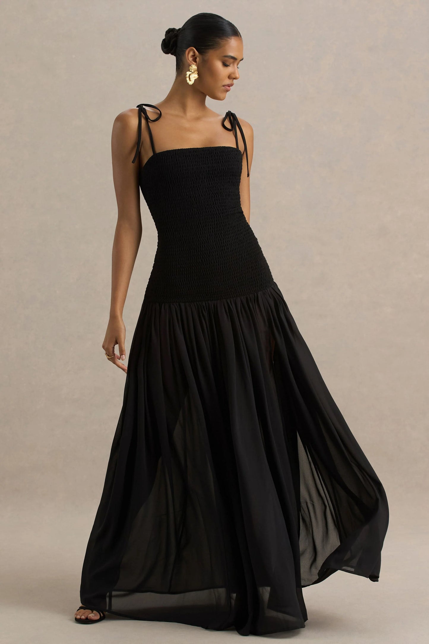Maeva Black Square-Neck Fishtail Maxi Dress With Ruched Detailing