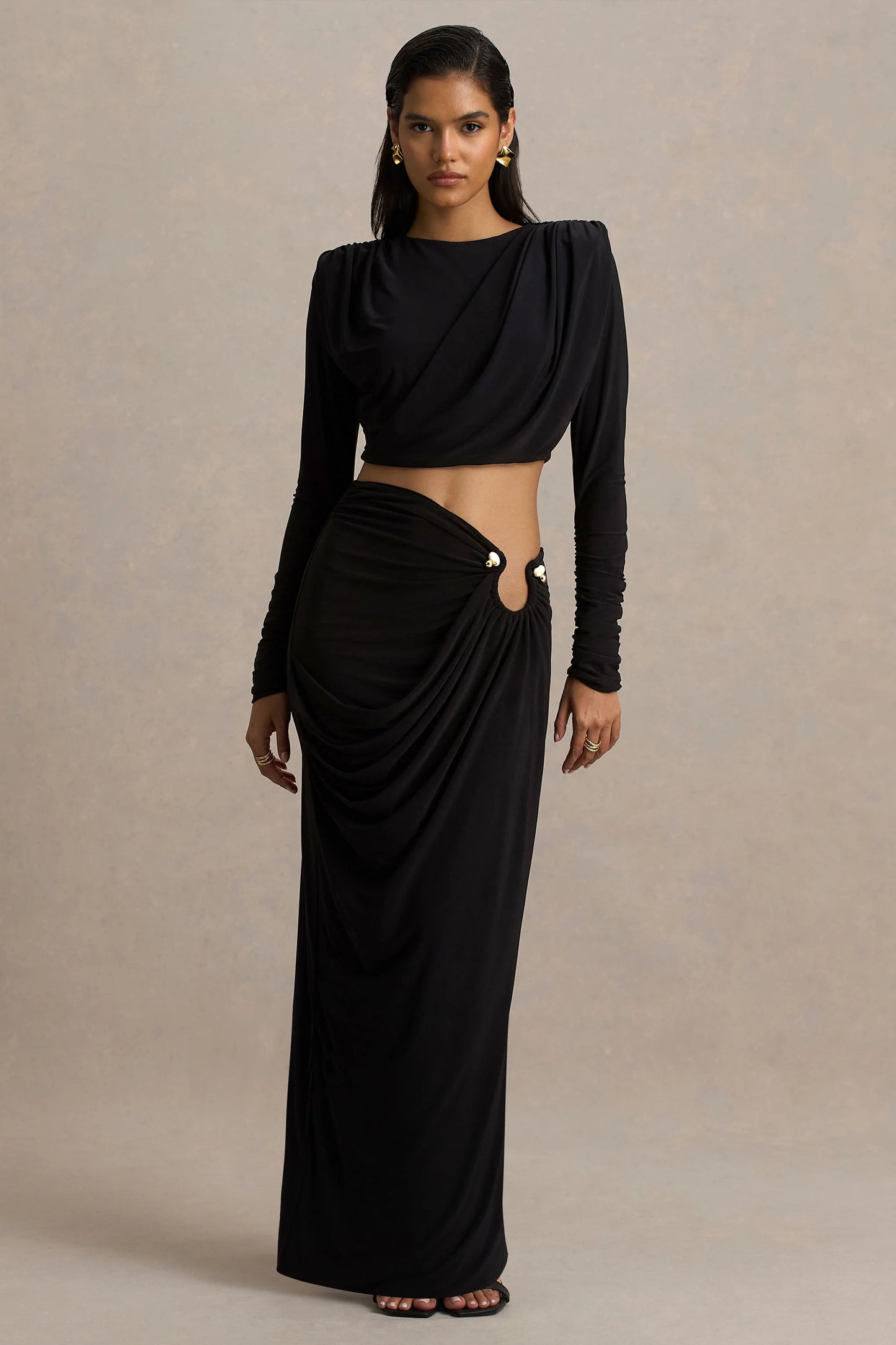 Avaline Black Wrap Maxi Skirt With Ruched Detailing