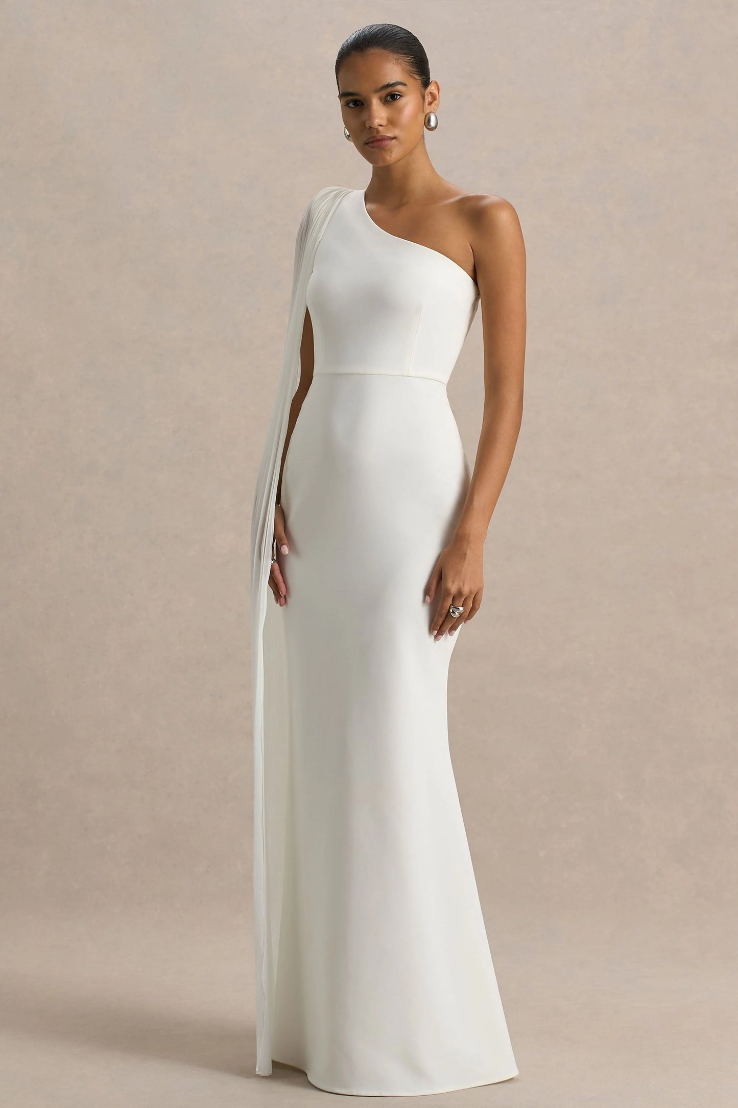 Athens White Asymmetric-Neck Maxi Dress With Cape Sleeve Detail