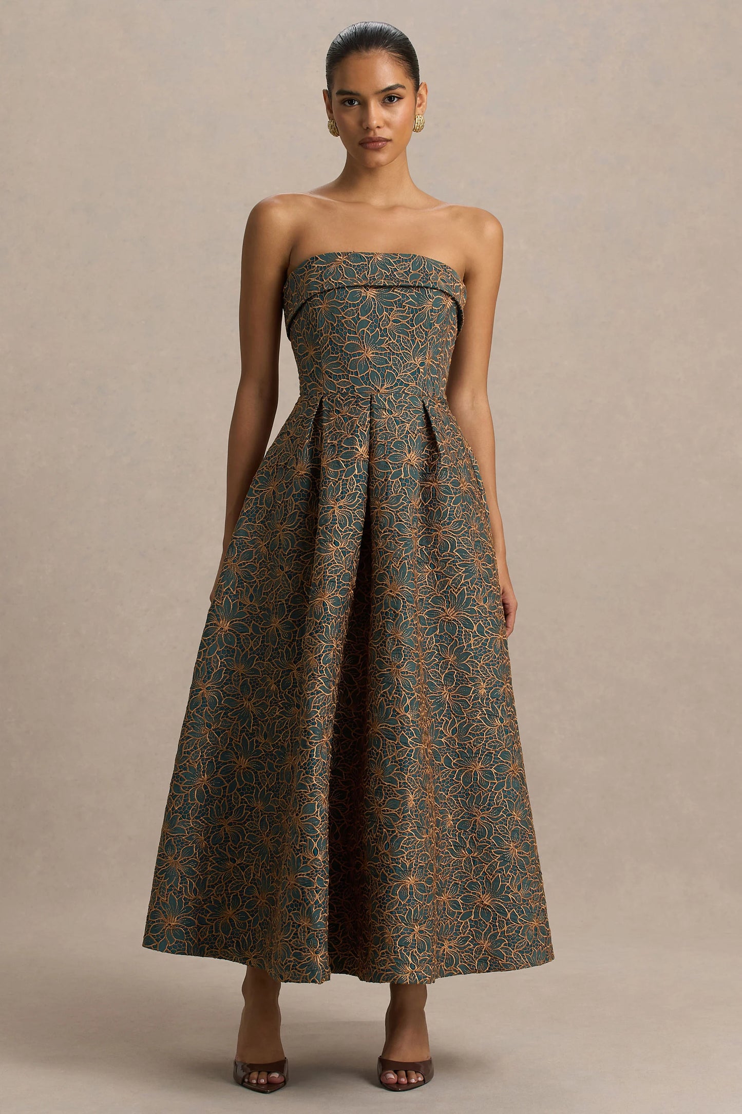 Loretta Dark Green And Rust Embroidered Bandeau Midi Dress