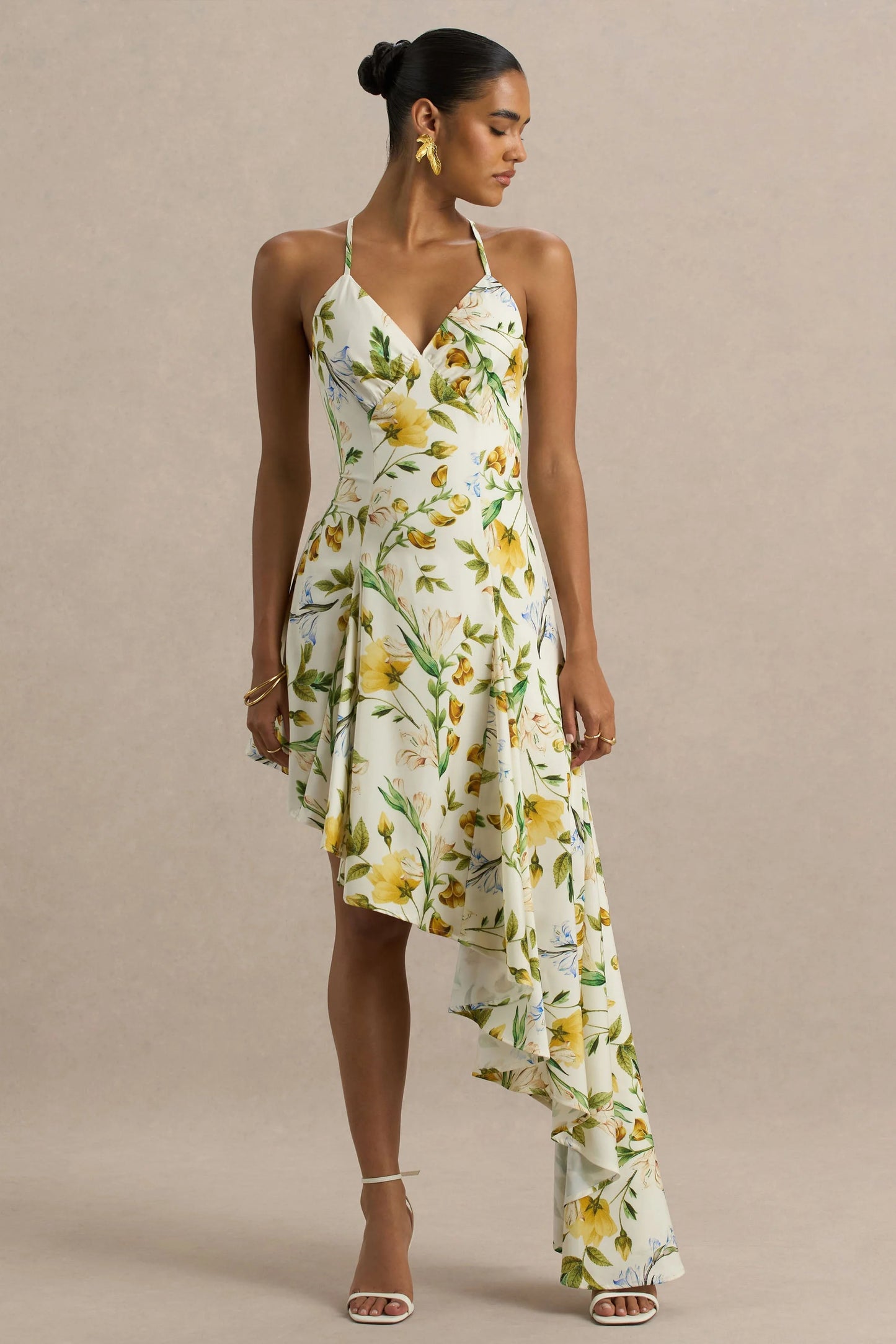 Glint Lemon Floral Print Satin Plunge-Neck Maxi Dress With Asymmetric Hem