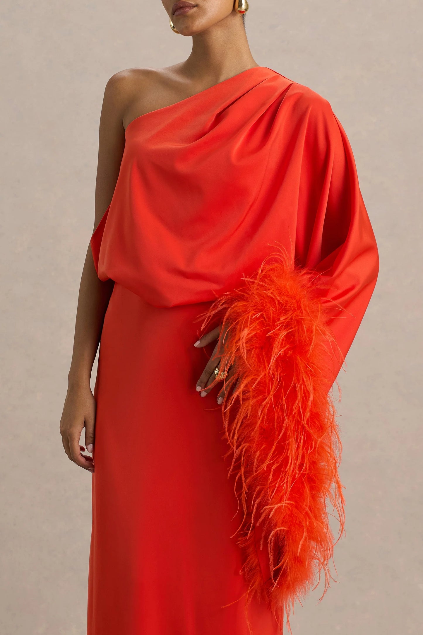 Felicity Orange Satin Asymmetric-Neck Maxi Dress With Feather Detailing
