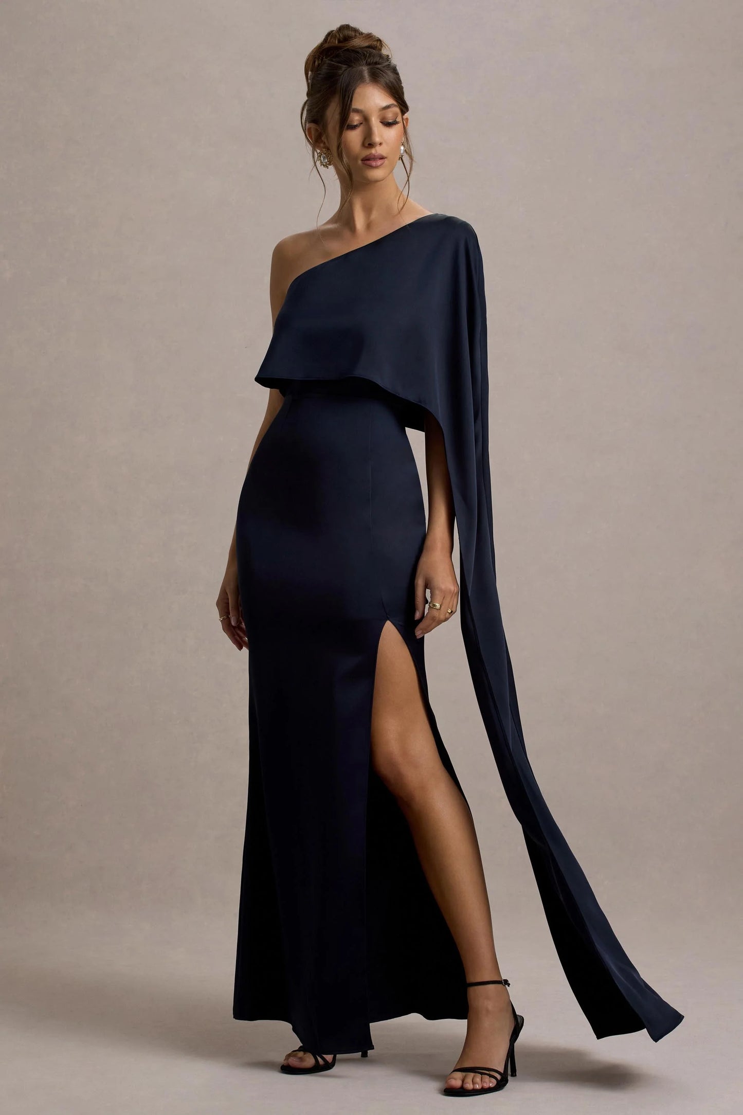 Amora Navy Satin Asymmetric Cape-Sleeve Split Maxi Dress