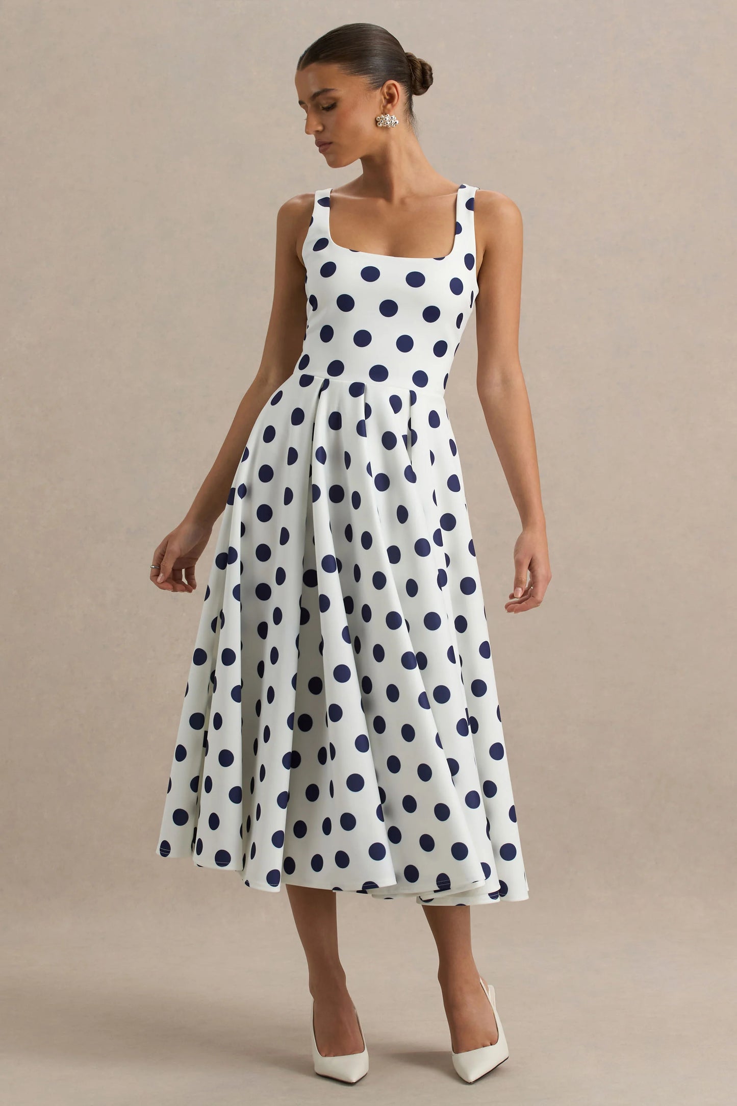 Berta White And Navy Polka-Dot Square-Neck Midi Dress